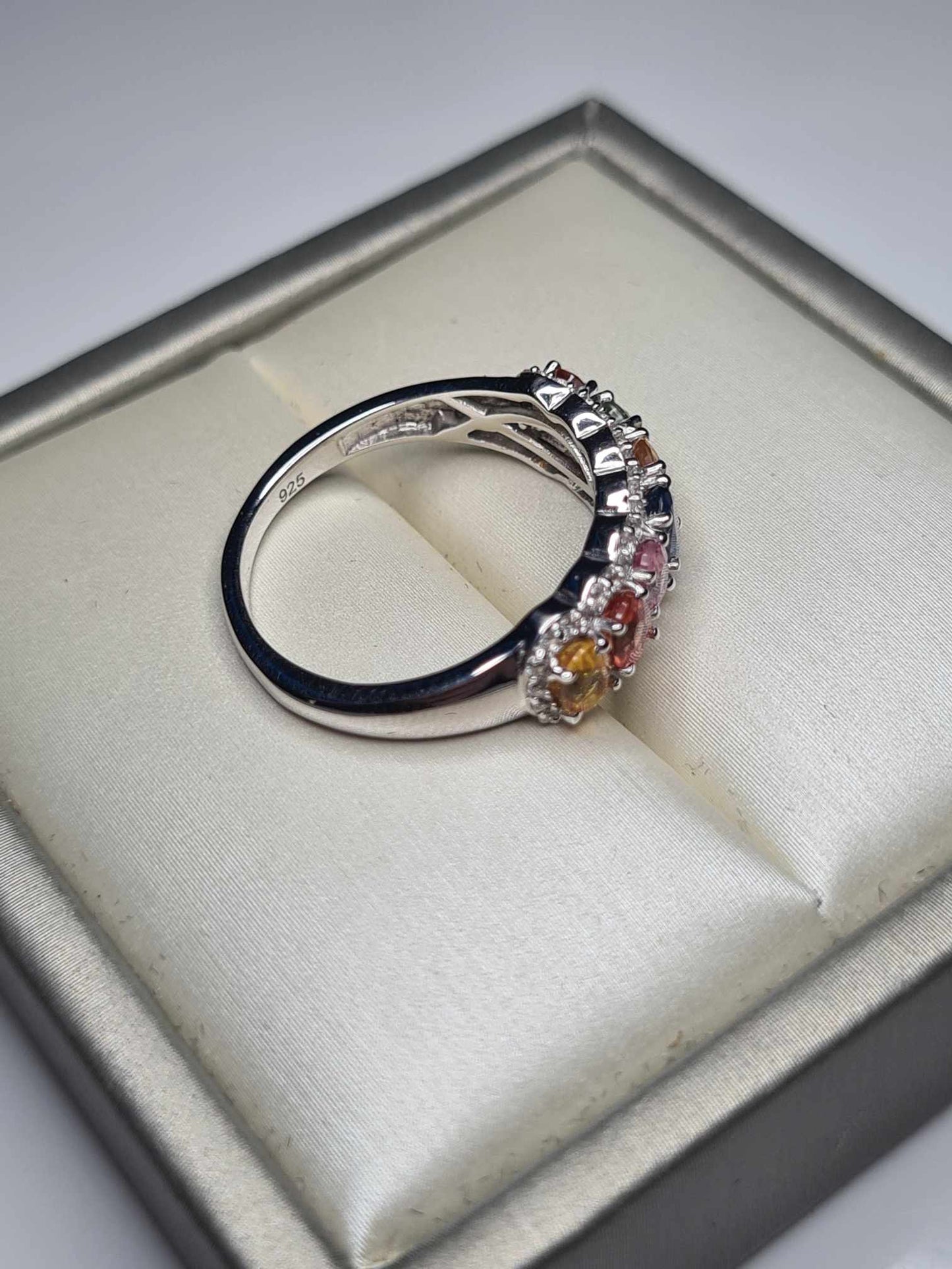 2.15ct Rainbow Sapphire and Natural Zircon Half Eternity Ring in Platinum Overlay 925 Sterling Silver SIZE N