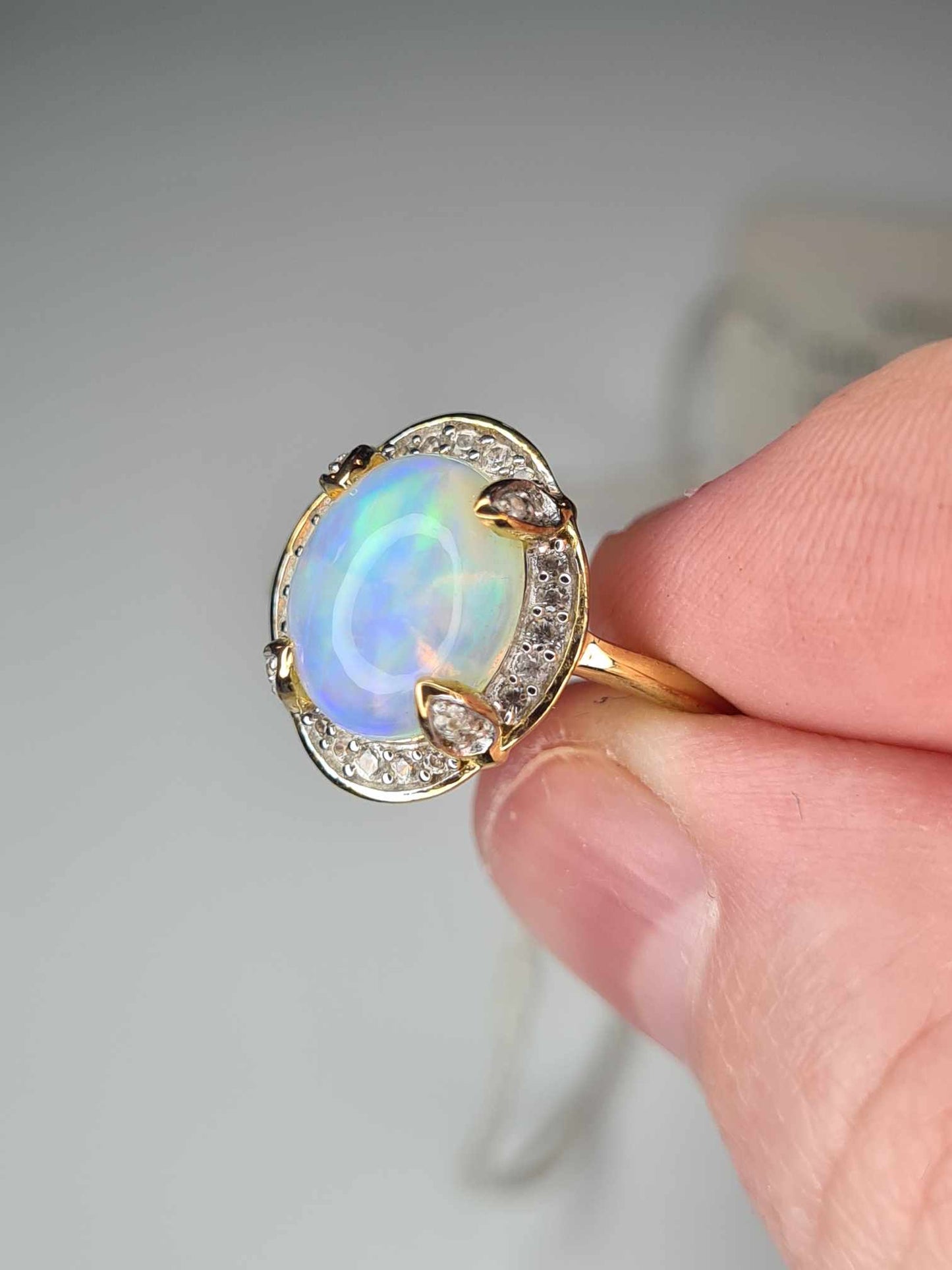 2.12ct Ethiopian Welo Opal and Zircon Ring in 18K Gold Overlay 925 Sterling Silver SIZE L