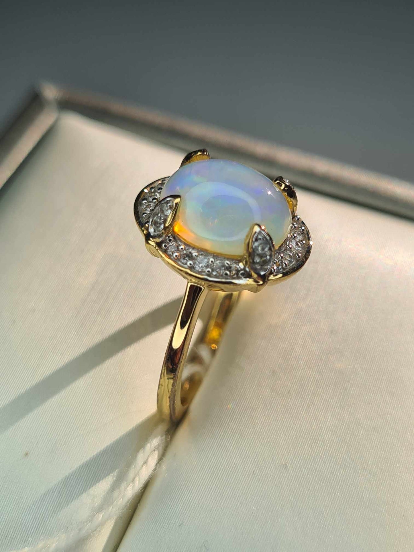 2.12ct Ethiopian Welo Opal and Zircon Ring in 18K Gold Overlay 925 Sterling Silver SIZE L