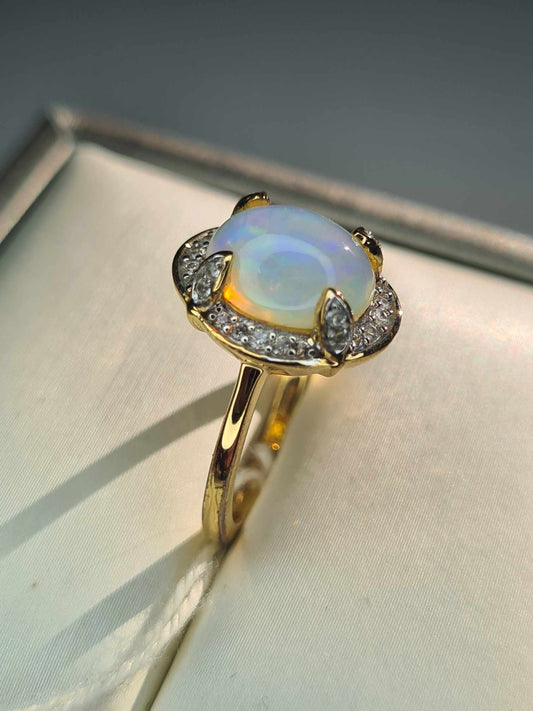 2.12ct Ethiopian Welo Opal and Zircon Ring in 18K Gold Overlay 925 Sterling Silver SIZE L