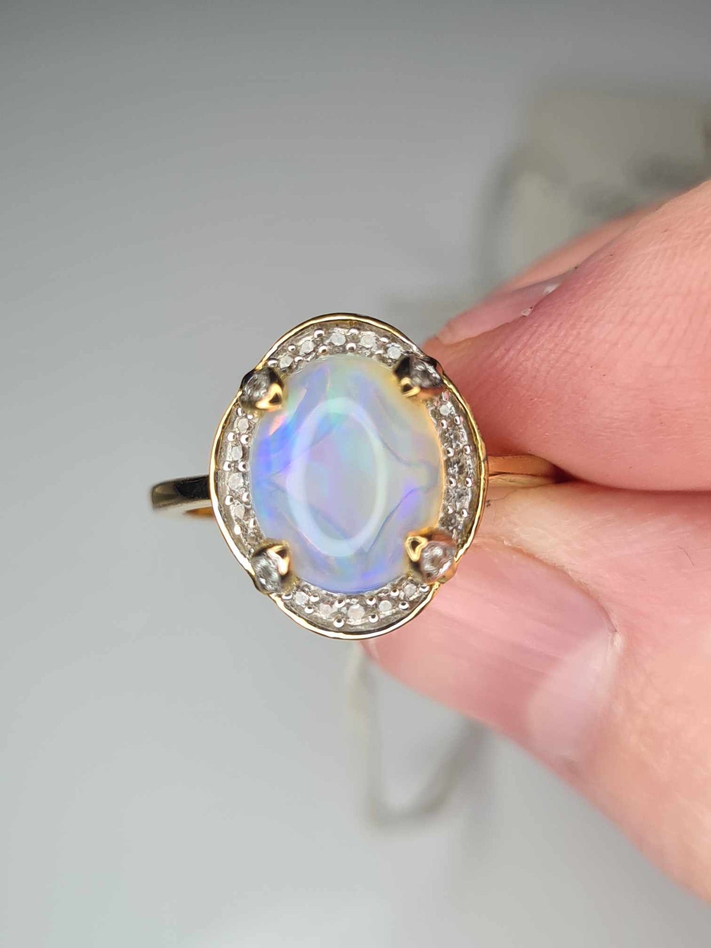 2.12ct Ethiopian Welo Opal and Zircon Ring in 18K Gold Overlay 925 Sterling Silver SIZE L
