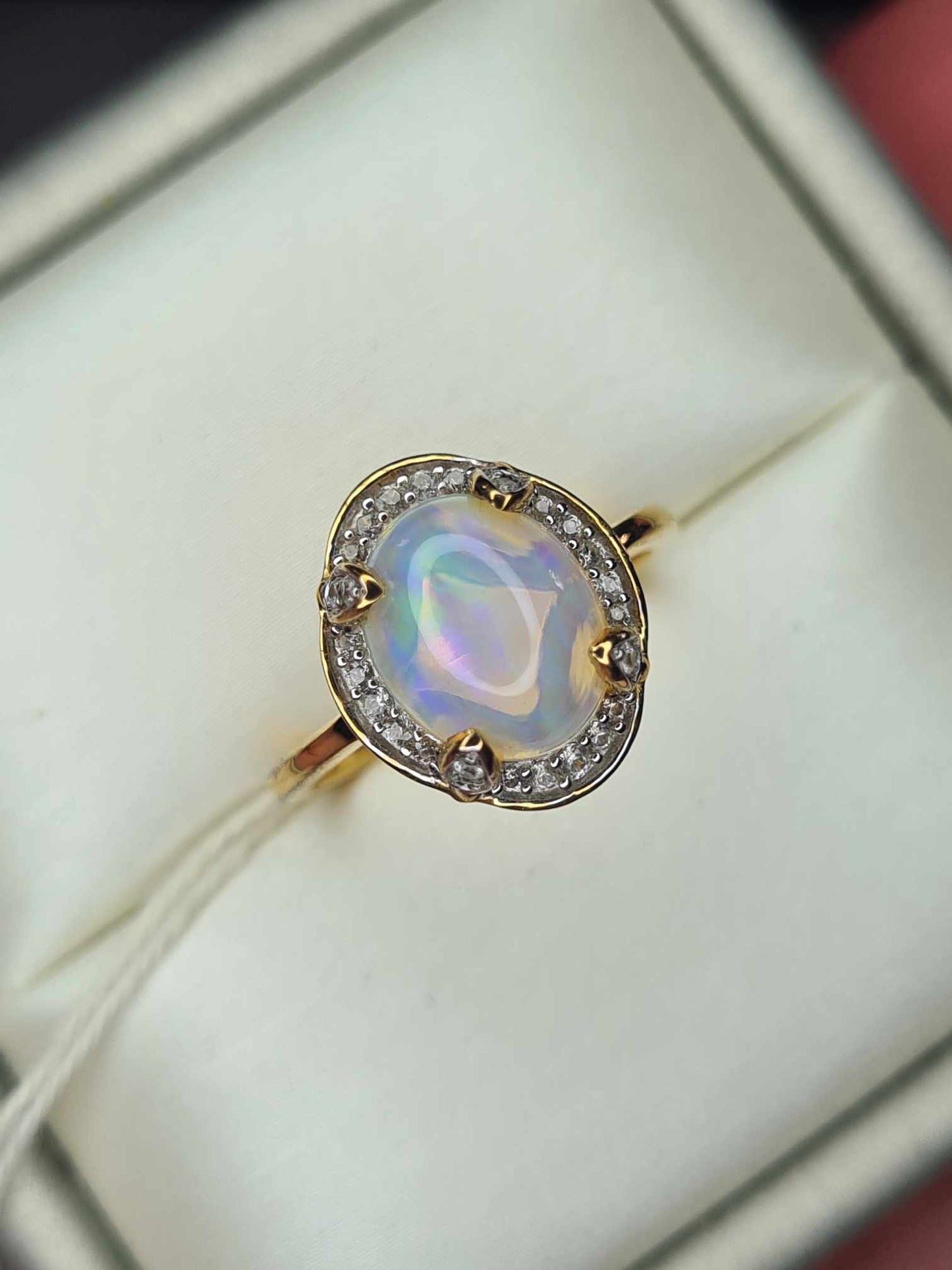 2.12ct Ethiopian Welo Opal and Zircon Ring in 18K Gold Overlay 925 Sterling Silver SIZE L