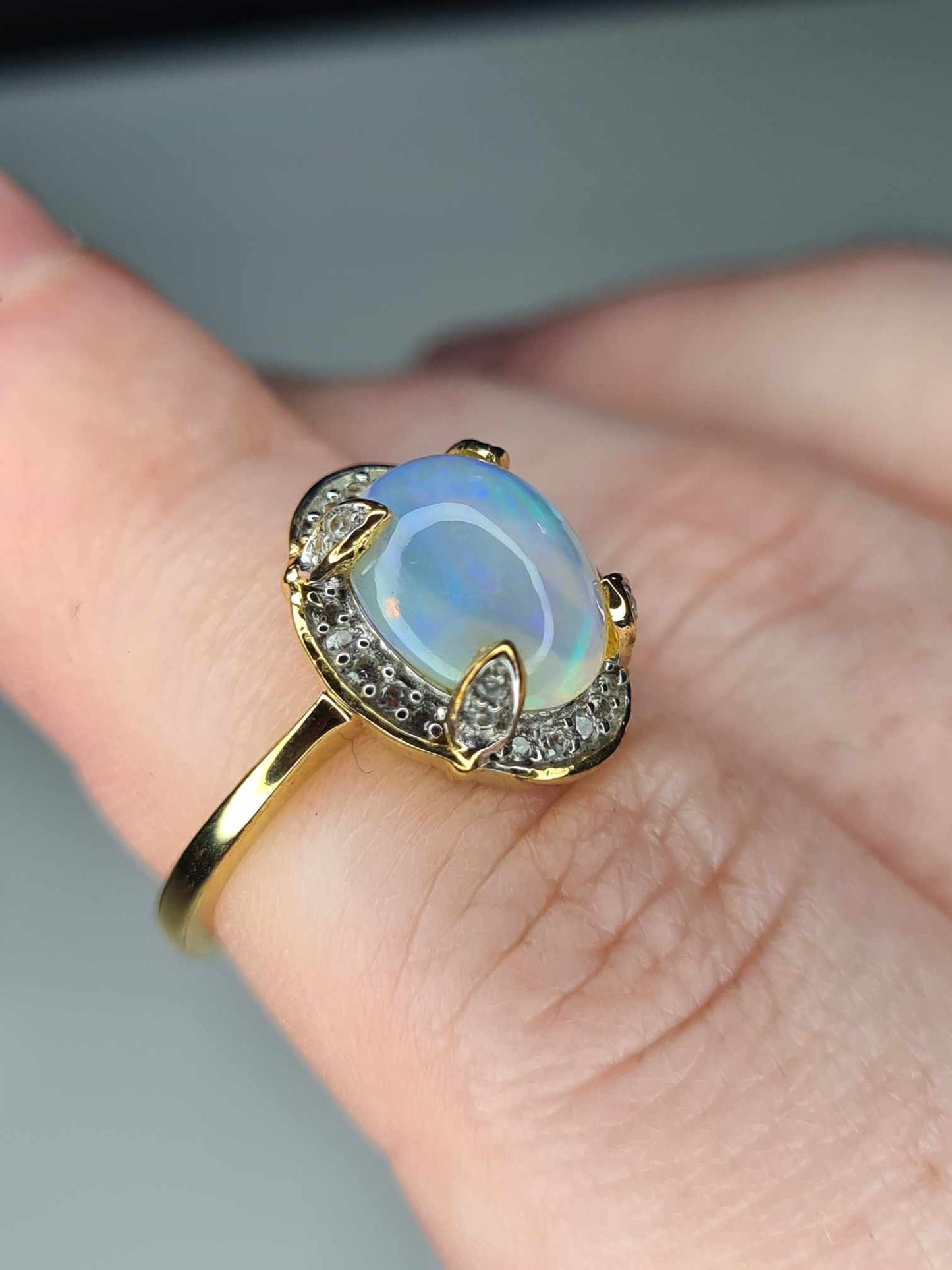 2.12ct Ethiopian Welo Opal and Zircon Ring in 18K Gold Overlay 925 Sterling Silver SIZE L
