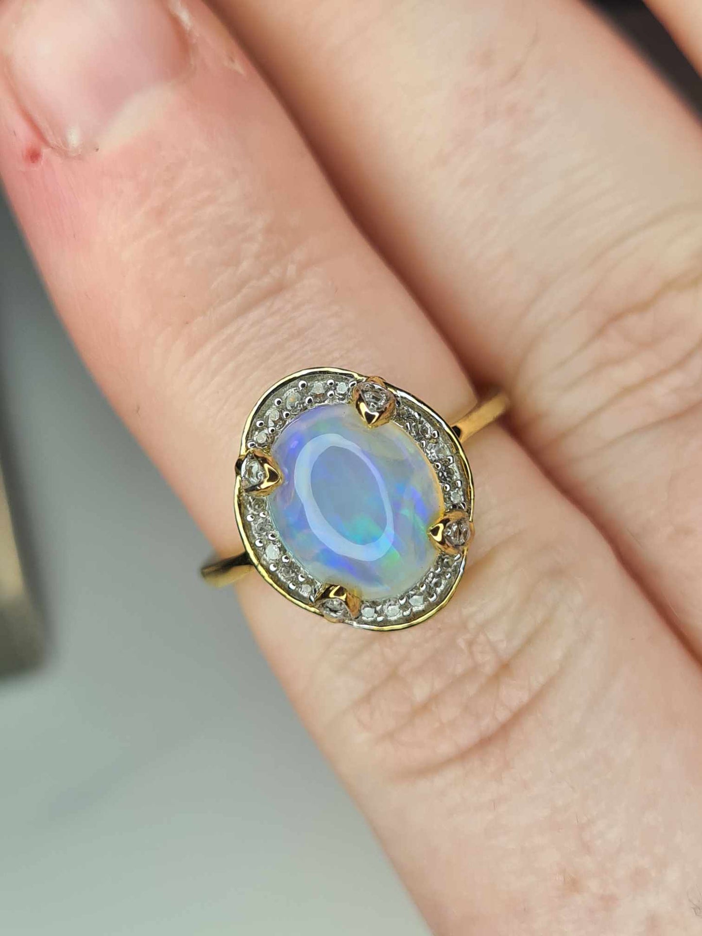 2.12ct Ethiopian Welo Opal and Zircon Ring in 18K Gold Overlay 925 Sterling Silver SIZE L