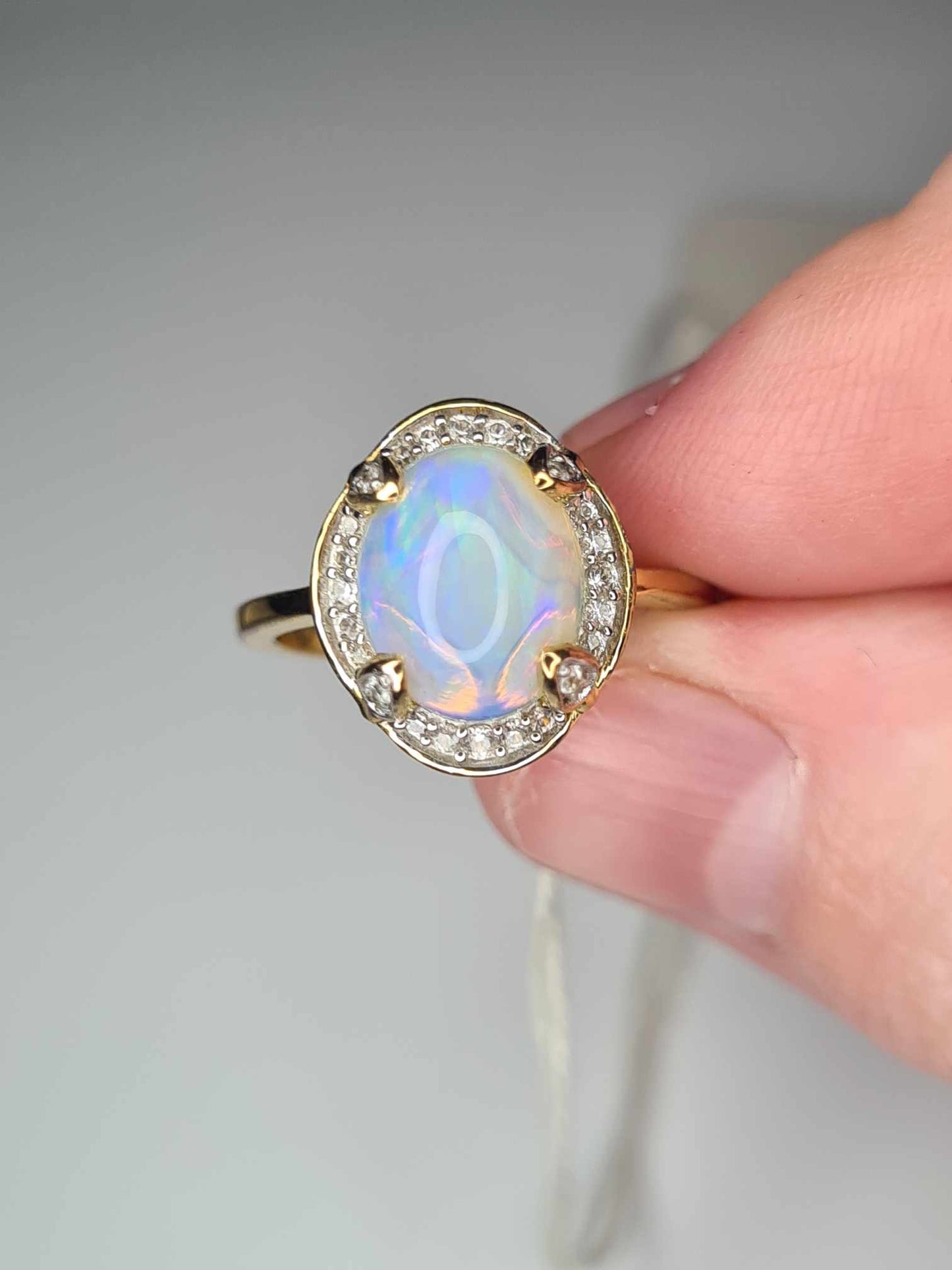 2.12ct Ethiopian Welo Opal and Zircon Ring in 18K Gold Overlay 925 Sterling Silver SIZE L