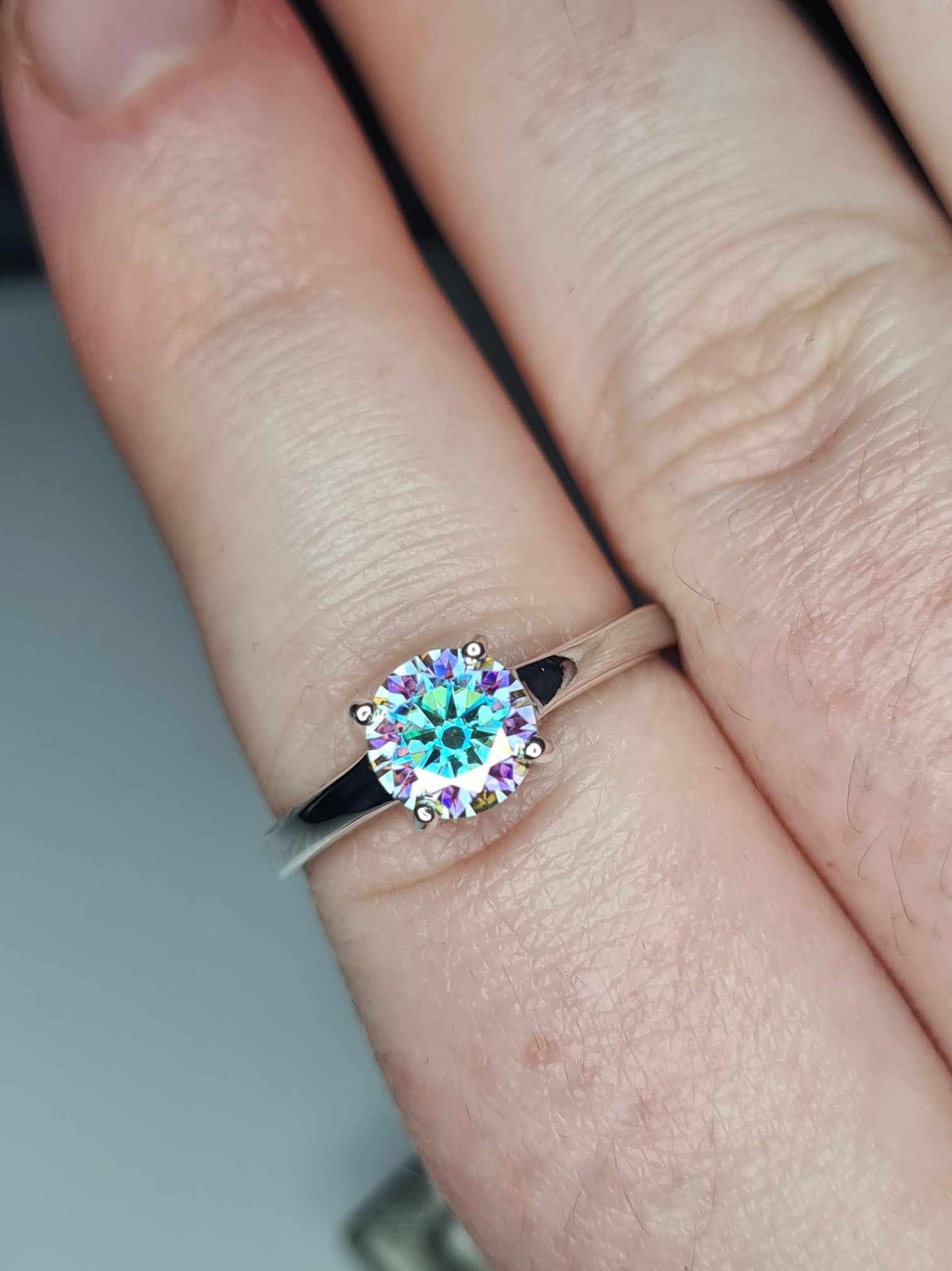 1ct Rainbow Moissanite Solitaire Ring in Rhodium Overlay Sterling Silver SIZES N,O, P