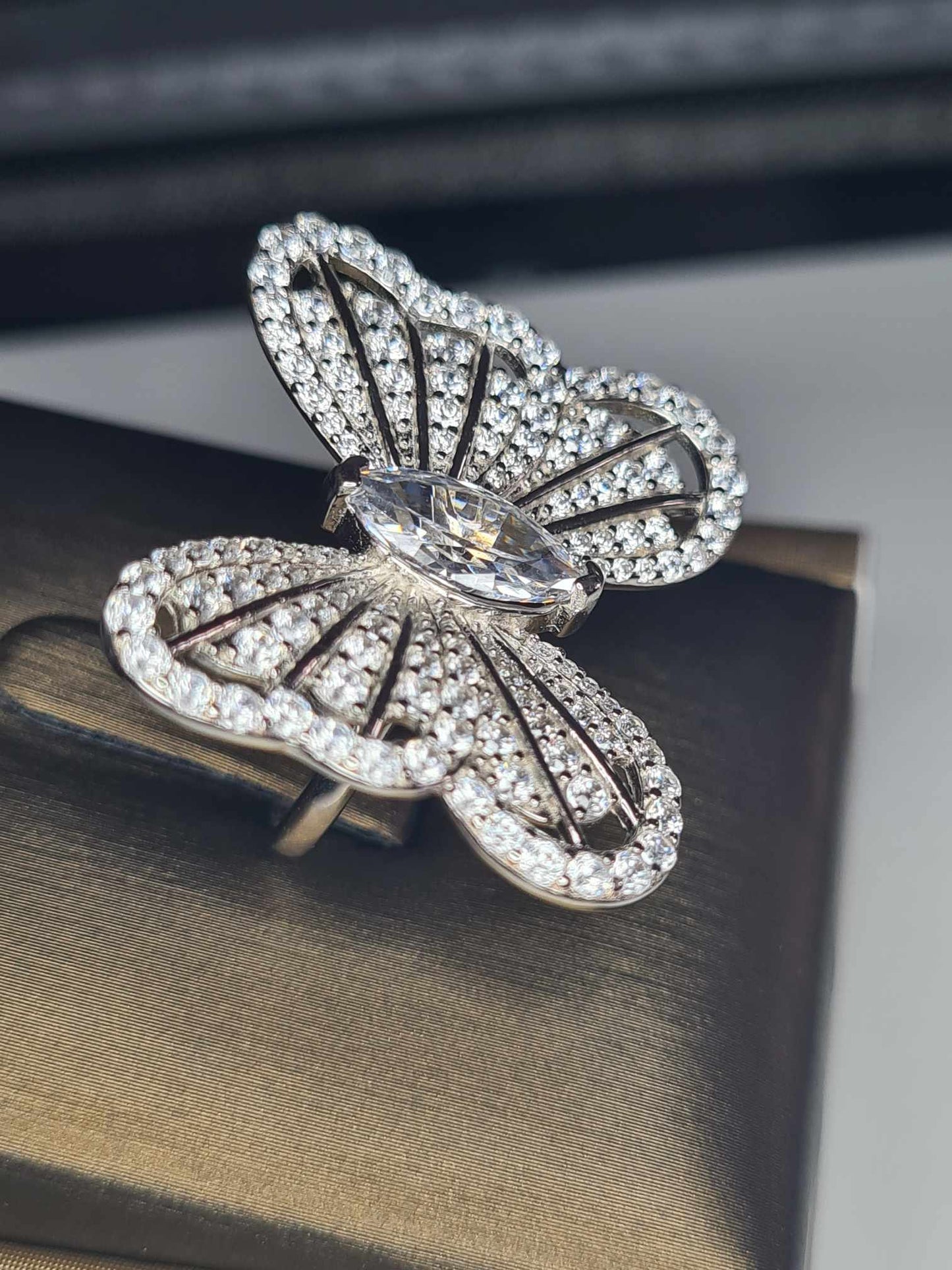 6.670ct Cubic Zirconia Butterfly Ring in Rhodium Overlay 925 Sterling Silver SIZE L