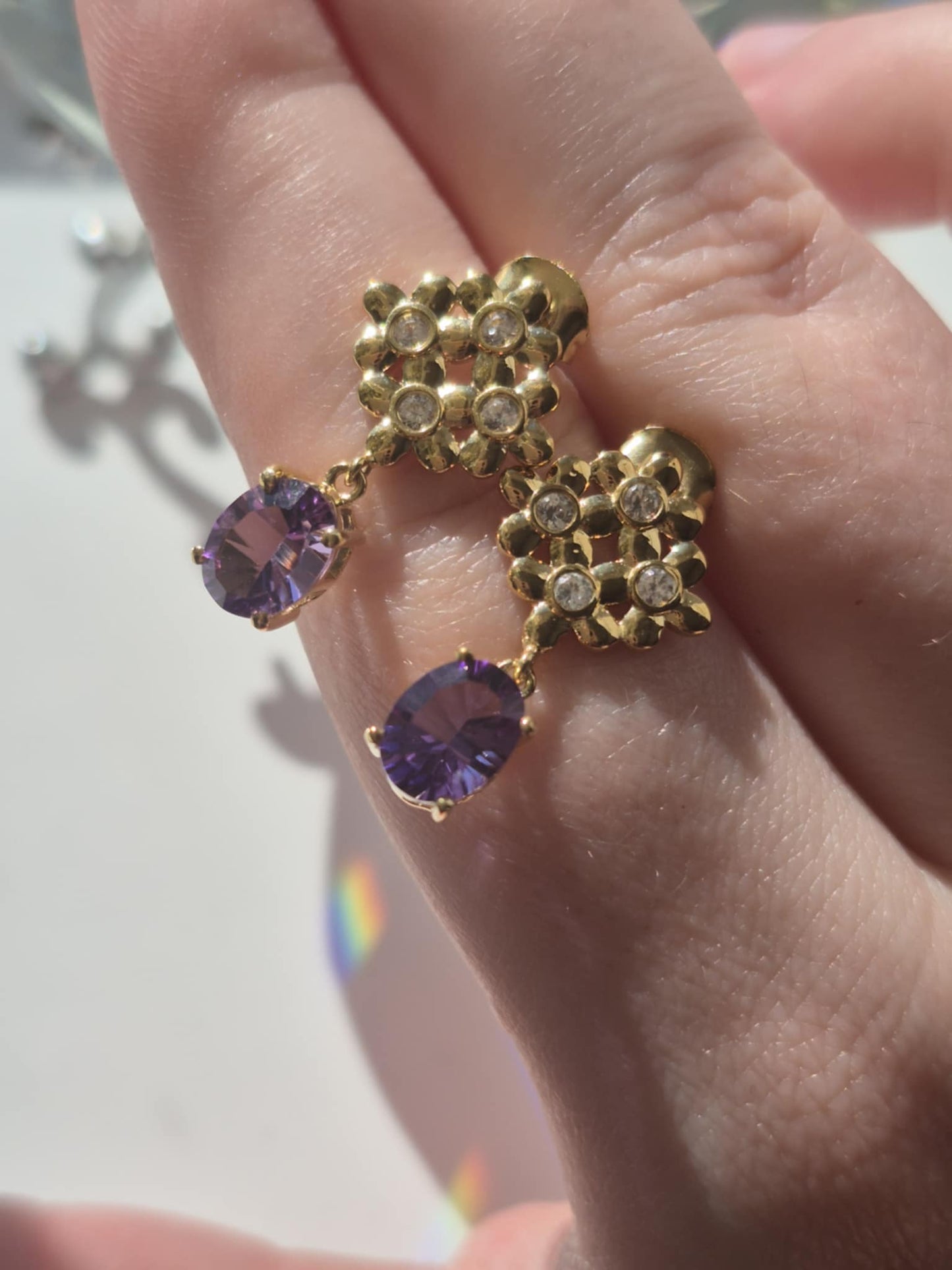 African Amethyst & White Zircon Floral Earrings in 18K Gold Overlay 925 Sterling Silver