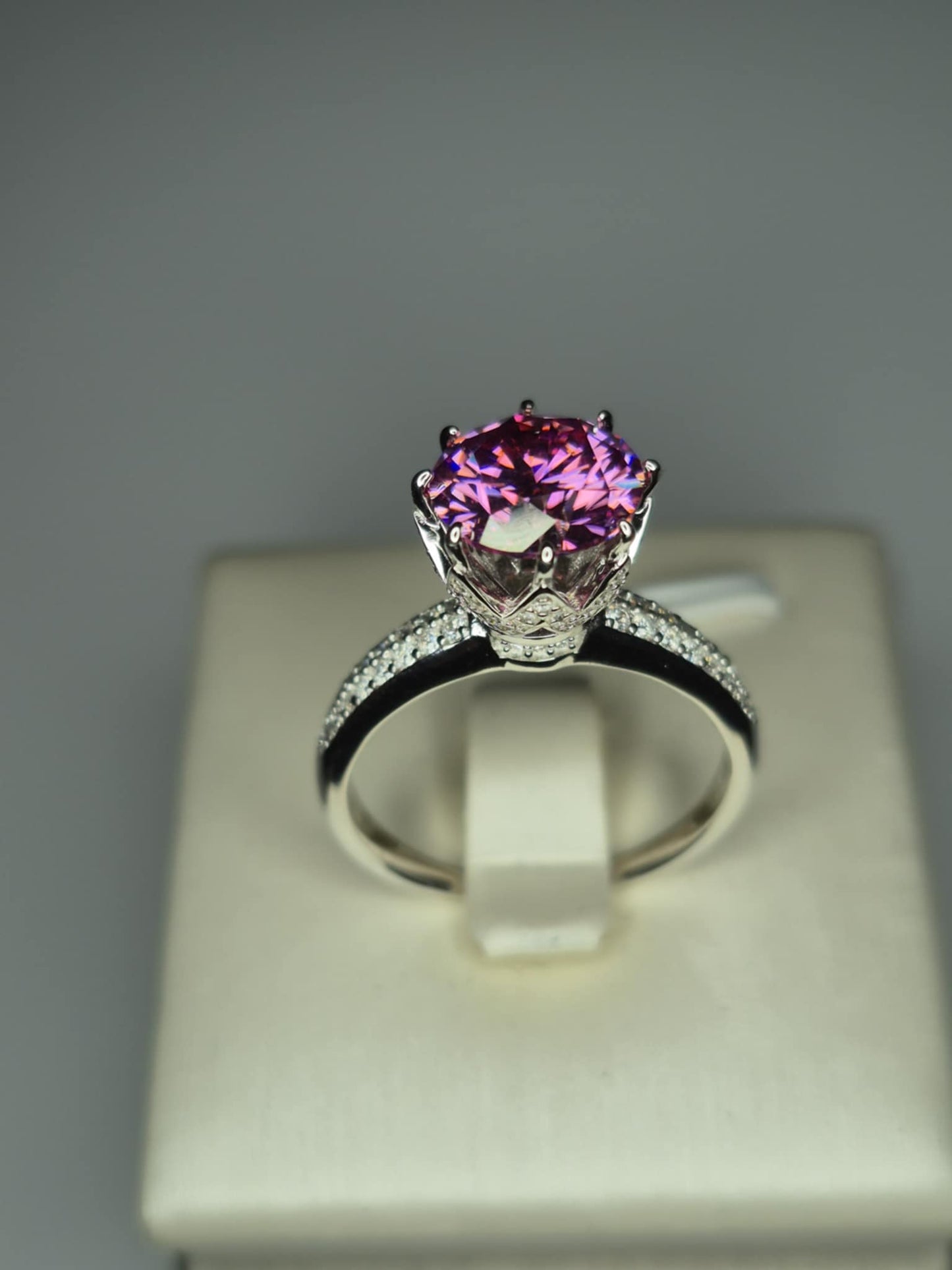 2.91ct Pink Lotus Moissanite Ring in Rhodium Overlay 925 Sterling Silver SIZE P