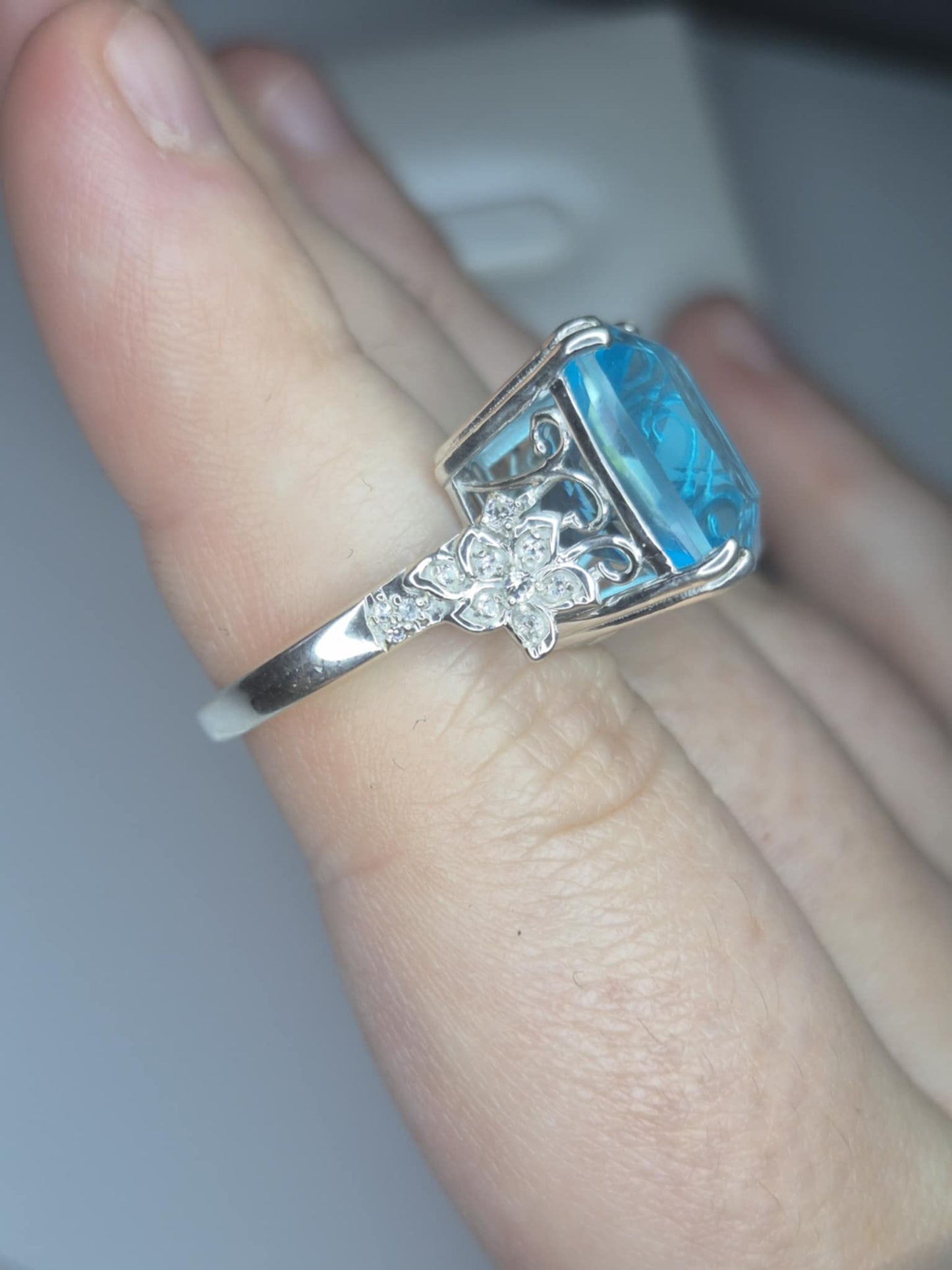 11.37ct Radiant Glacier Quartz & White Zircon Solitaire Ring in Rhodium Overlay 925 Sterling Silver SIZE L