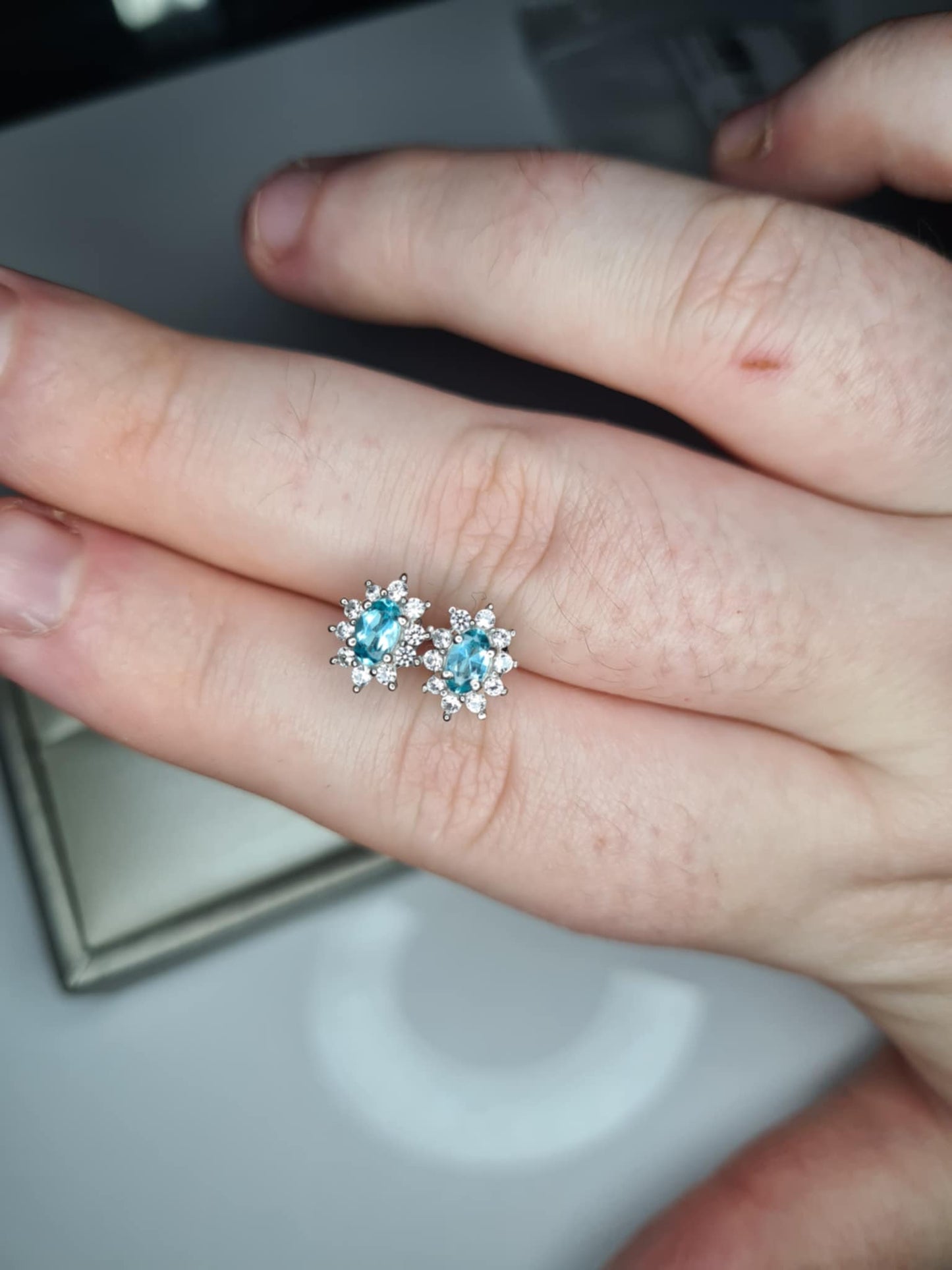 0.90ct Blue Lagoon Apatite and Natural Zircon Halo Earrings in Rhodium Overlay 925 Sterling Silver