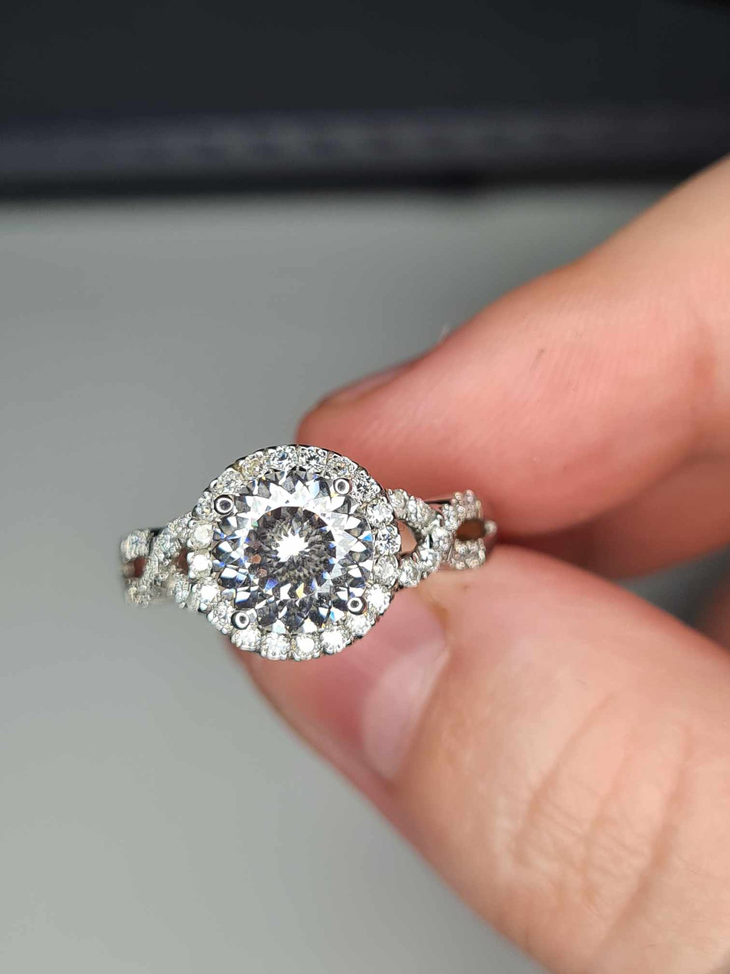 2.11ct Moissanite Halo Ring 925 Sterling Silver with platinum overlay SIZE O