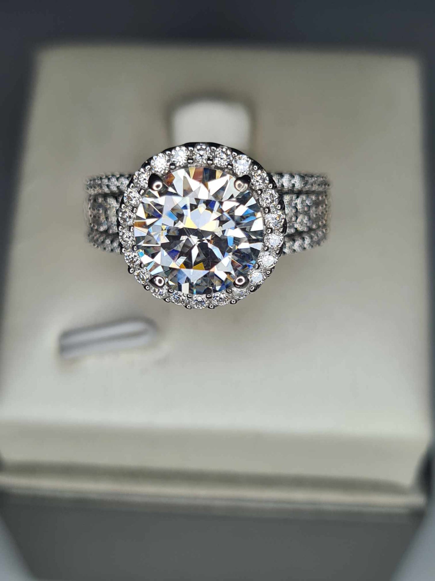 3.615 Ct. Moissanite Halo Ring In Platinum Overlay 925 Sterling Silver SIZE K