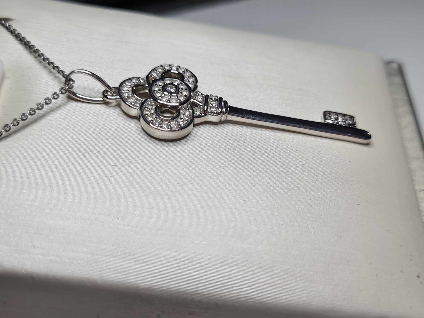 Moissanite Key Necklace Platinum Overlay 925 Sterling Silver