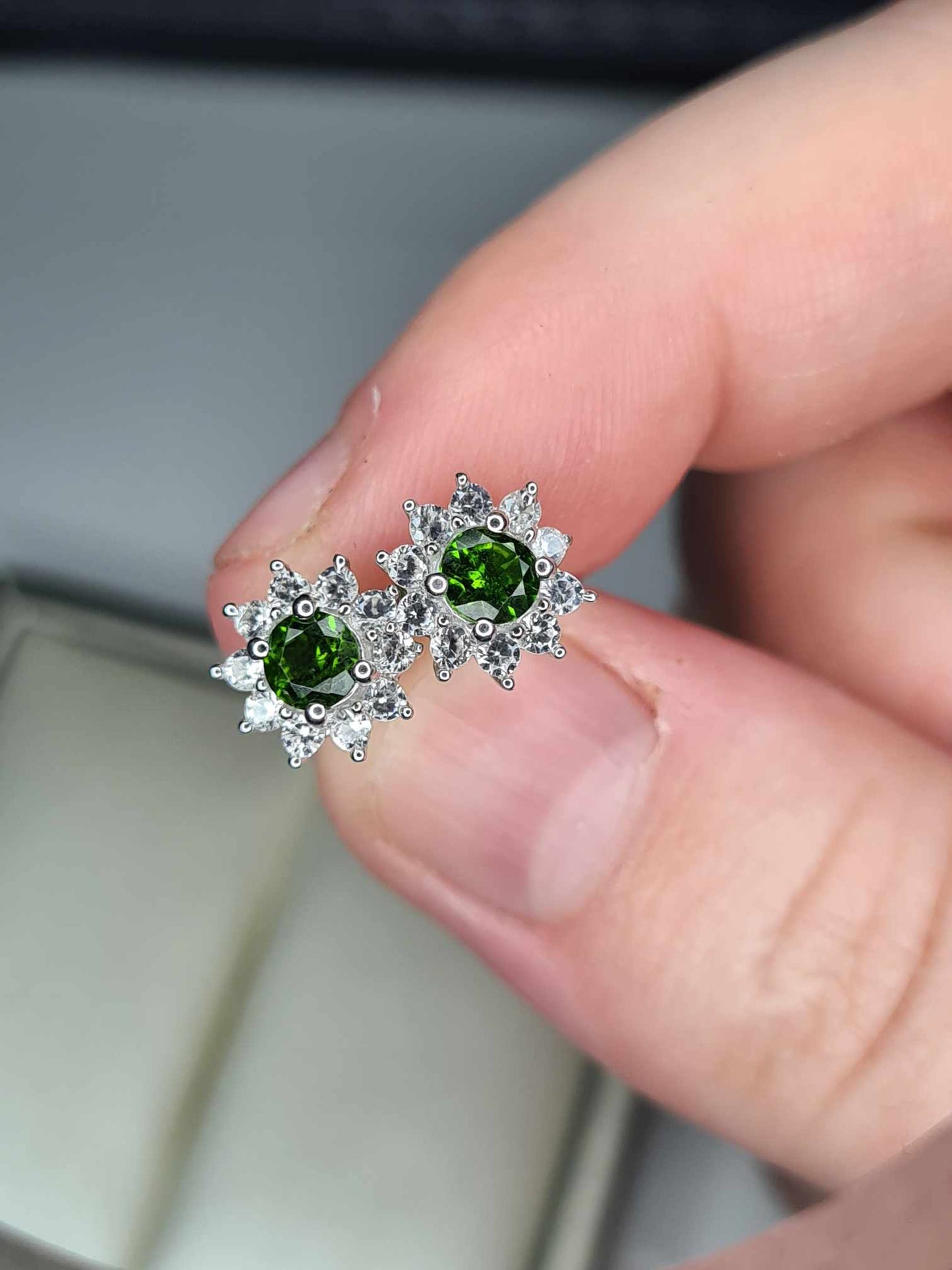 1ct Russian Diopside and natural zircon Halo Stud Earrings 925 Sterling