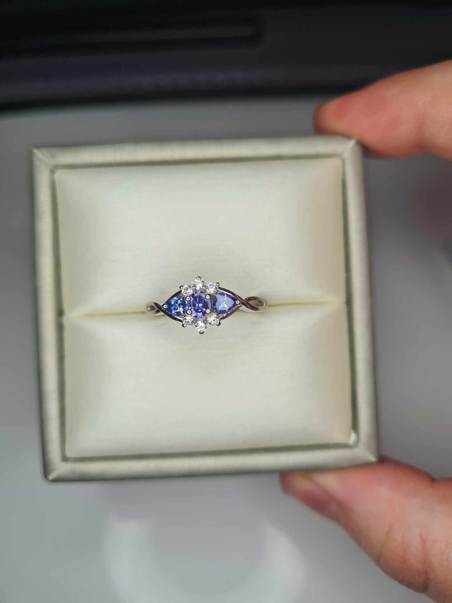 0.661ct Tanzanite & White Zircon Three Stone Ring in Platinum Overlay 925 Sterling Silver SIZE L
