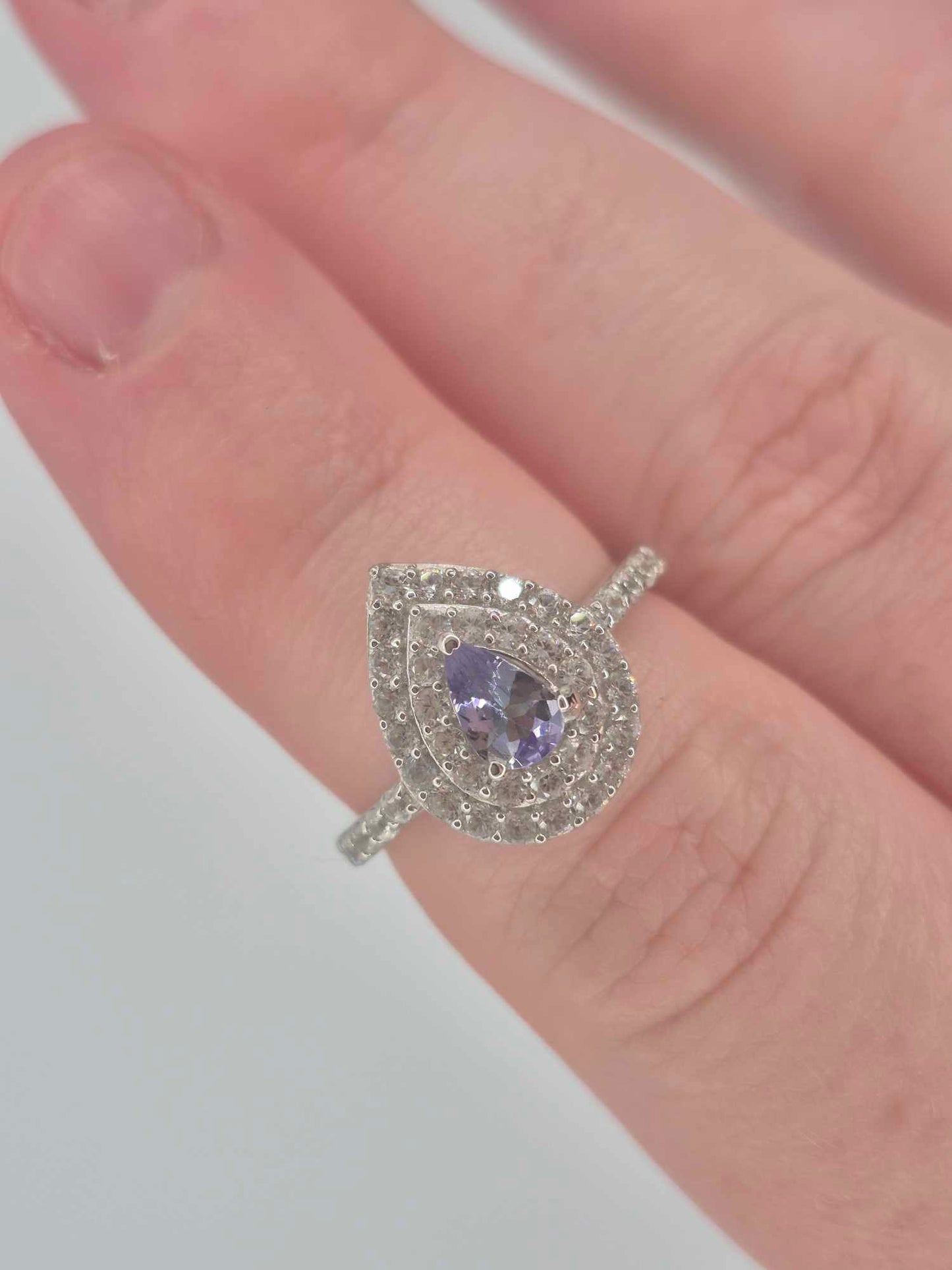 1.244ct Peacock Tanzanite & White Zircon Halo Ring in Rhodium Sterling SIZE L