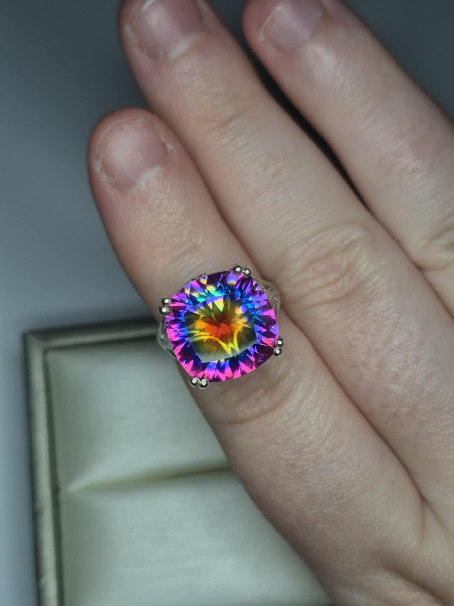 11.06ct Nebula Quartz Doublet Solitaire Ring in Rhodium Overlay 925 Sterling Silver