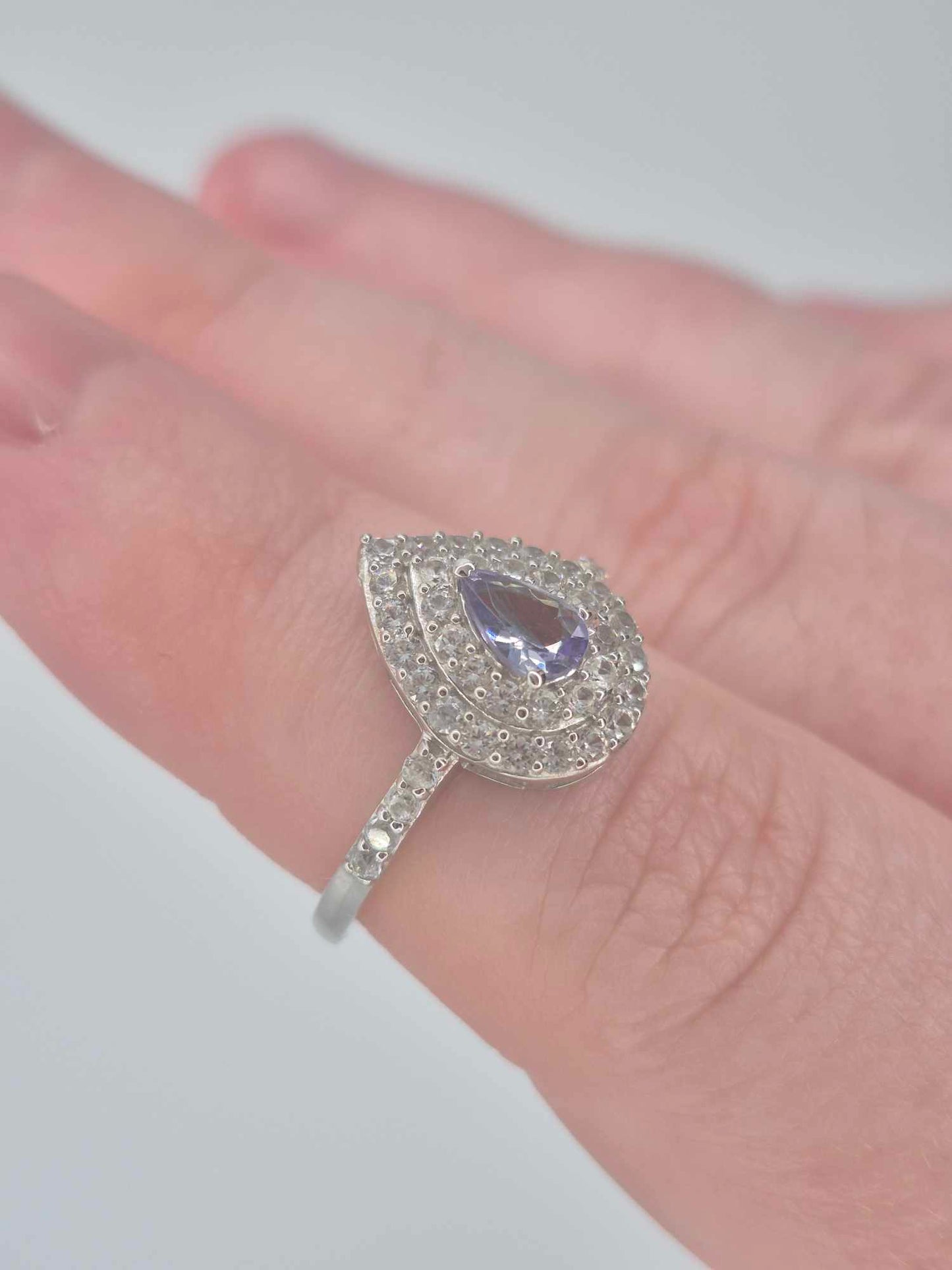 1.244ct Peacock Tanzanite & White Zircon Halo Ring in Rhodium Sterling SIZE L