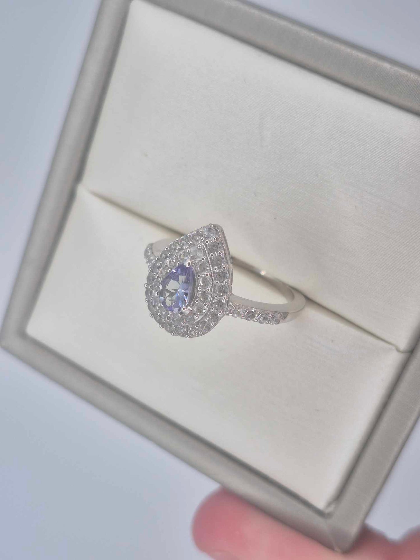 1.244ct Peacock Tanzanite & White Zircon Halo Ring in Rhodium Sterling SIZE L