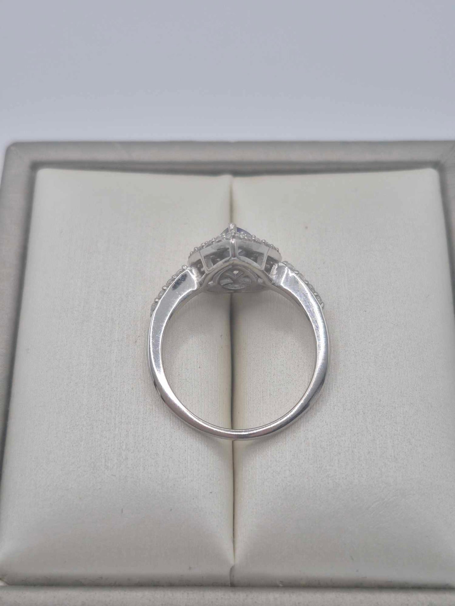 1.244ct Peacock Tanzanite & White Zircon Halo Ring in Rhodium Sterling SIZE L