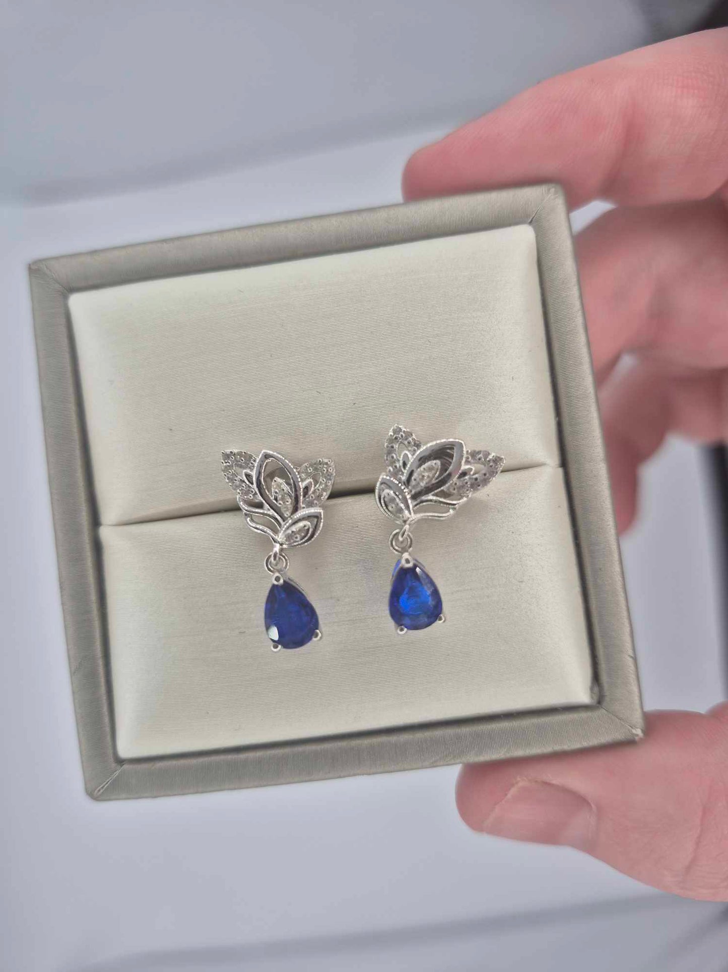 1.69ct Blue Spinel & White Zircon Dangling Earring in Rhodium Overlay 925 Sterling Silver