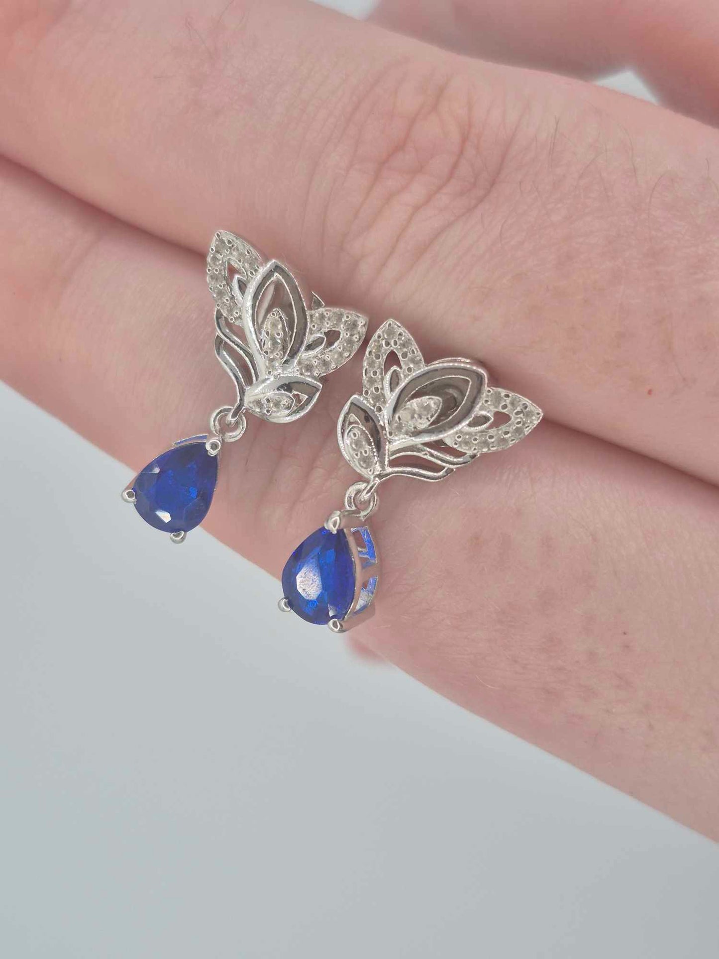 1.69ct Blue Spinel & White Zircon Dangling Earring in Rhodium Overlay 925 Sterling Silver