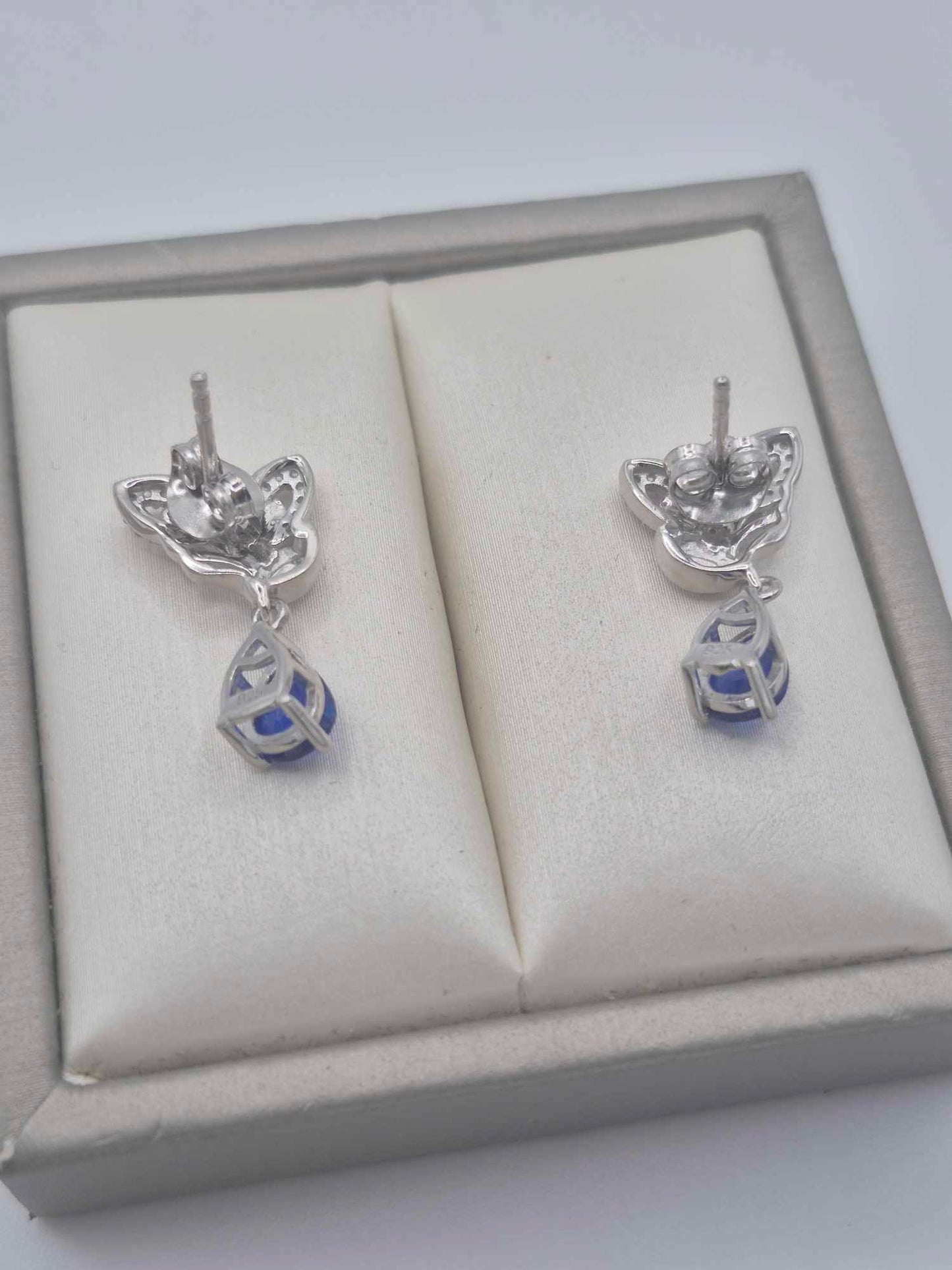 1.69ct Blue Spinel & White Zircon Dangling Earring in Rhodium Overlay 925 Sterling Silver