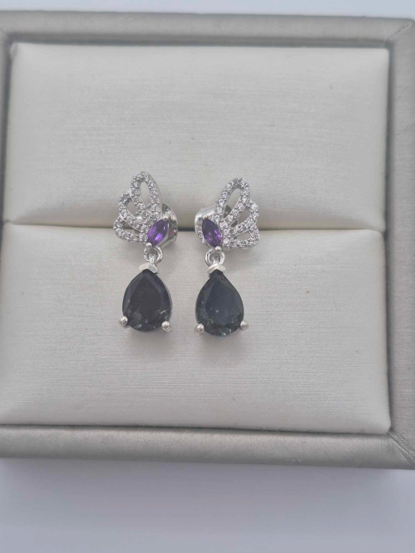 3.17ct Alexandrite Triplet Quartz, White Zircon, African Amethyst Dangle Earring