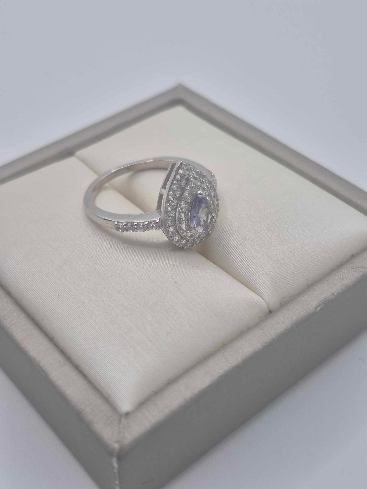 1.244ct Peacock Tanzanite & White Zircon Halo Ring in Rhodium Sterling SIZE L