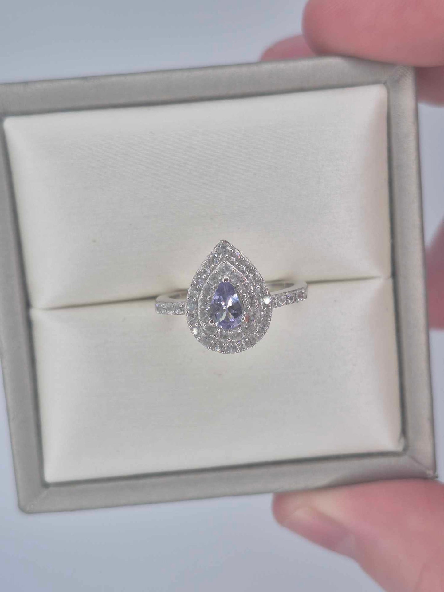 1.244ct Peacock Tanzanite & White Zircon Halo Ring in Rhodium Sterling SIZE L