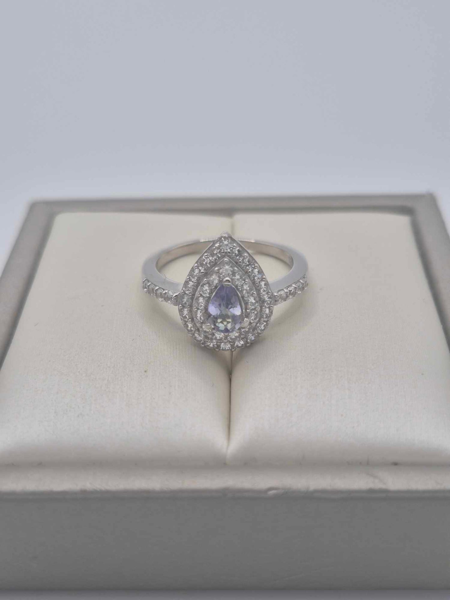 1.244ct Peacock Tanzanite & White Zircon Halo Ring in Rhodium Sterling SIZE L