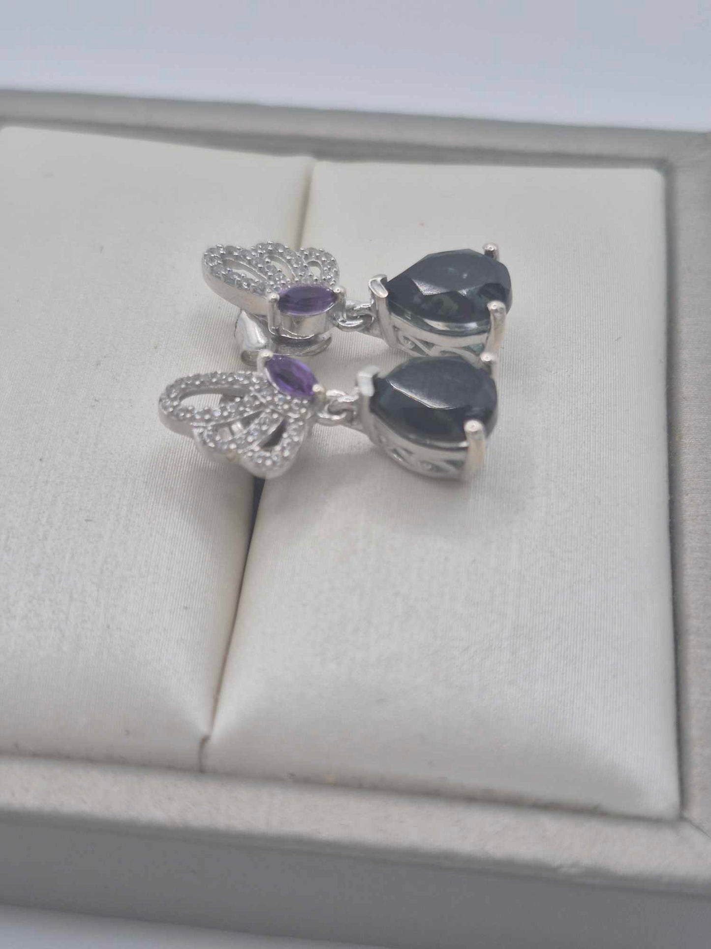 3.17ct Alexandrite Triplet Quartz, White Zircon, African Amethyst Dangle Earring