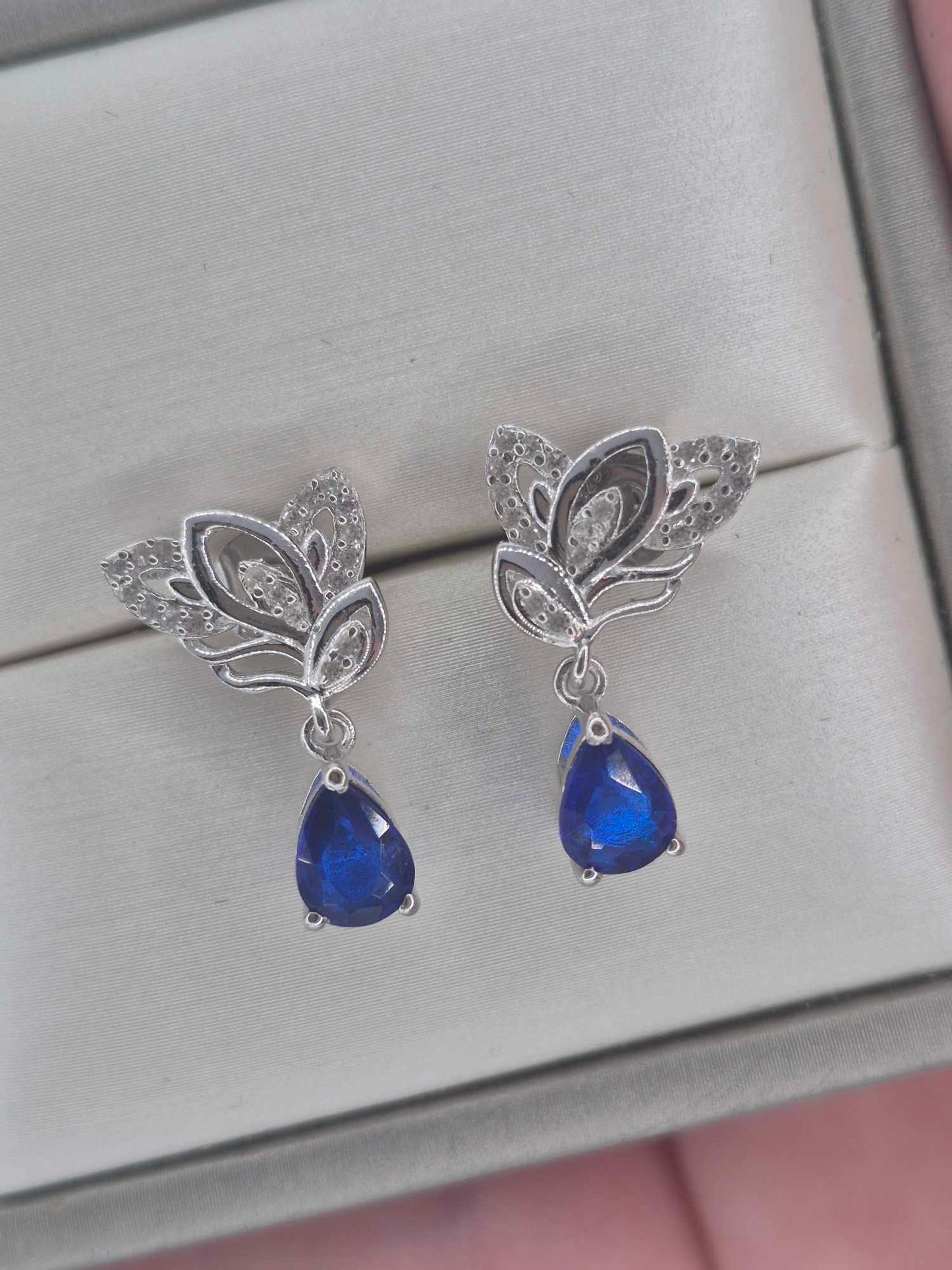 1.69ct Blue Spinel & White Zircon Dangling Earring in Rhodium Overlay 925 Sterling Silver