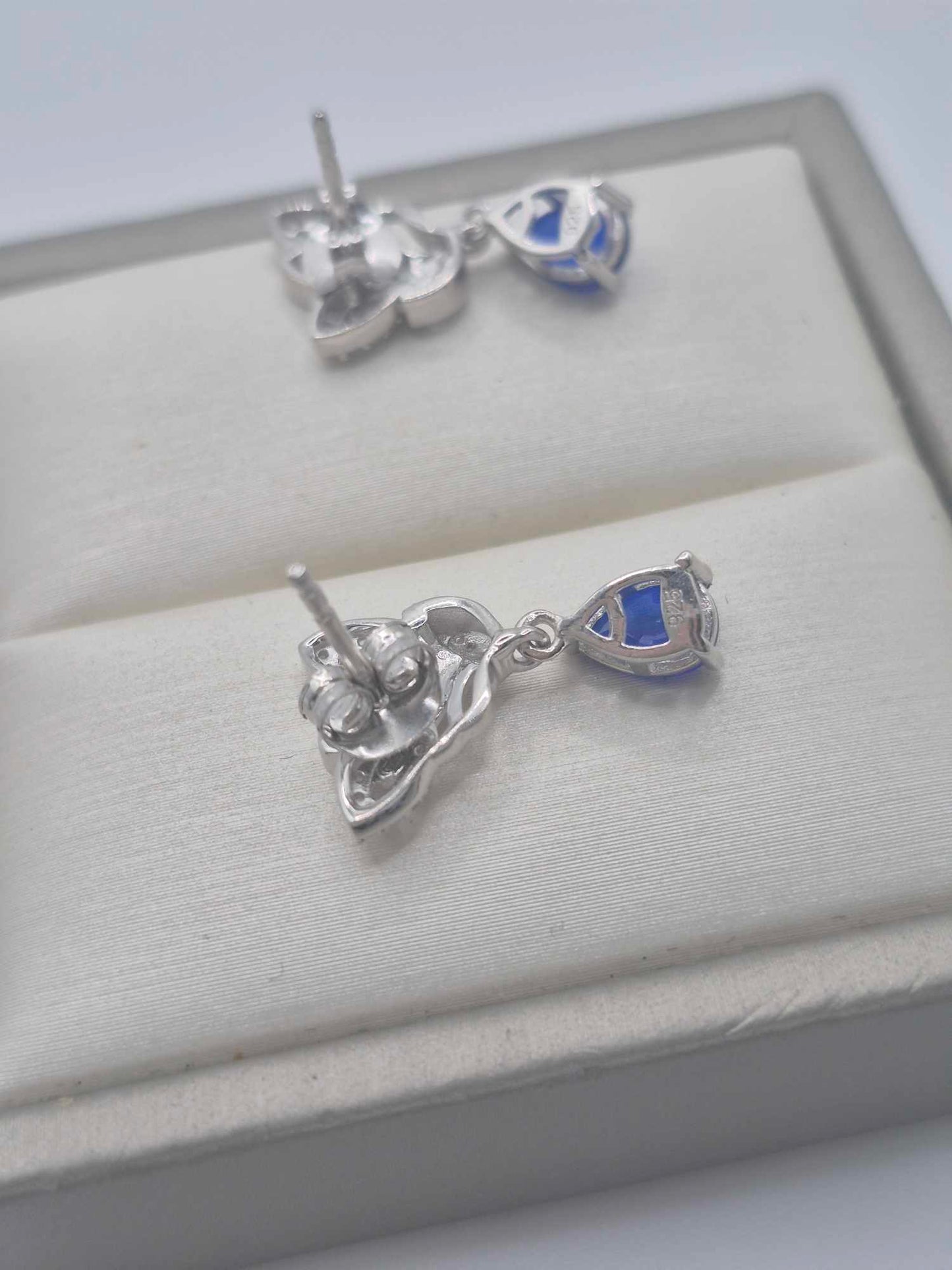 1.69ct Blue Spinel & White Zircon Dangling Earring in Rhodium Overlay 925 Sterling Silver