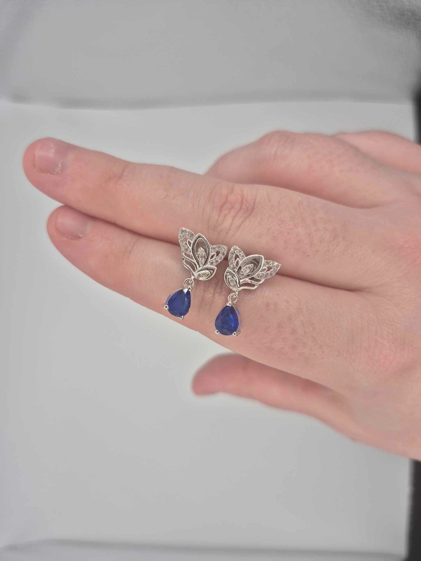 1.69ct Blue Spinel & White Zircon Dangling Earring in Rhodium Overlay 925 Sterling Silver