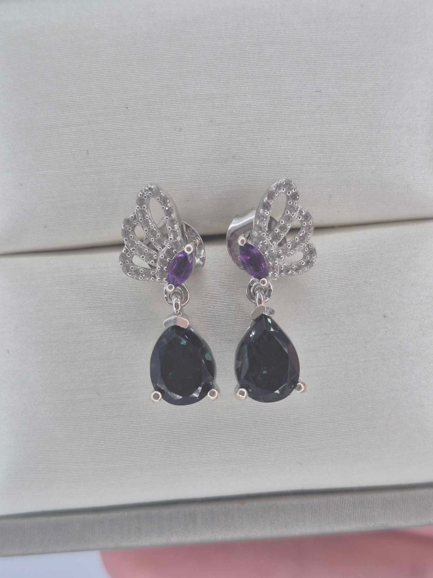 3.17ct Alexandrite Triplet Quartz, White Zircon, African Amethyst Dangle Earring