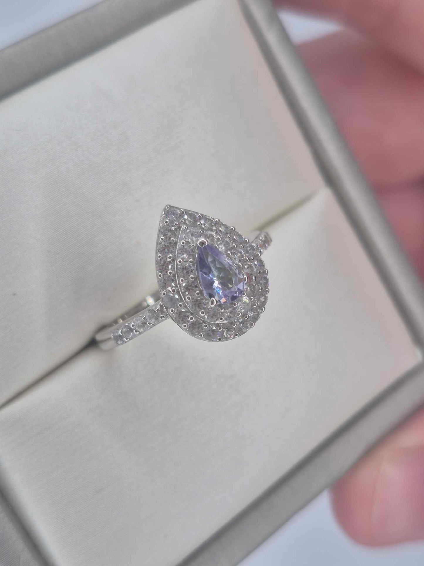 1.244ct Peacock Tanzanite & White Zircon Halo Ring in Rhodium Sterling SIZE L