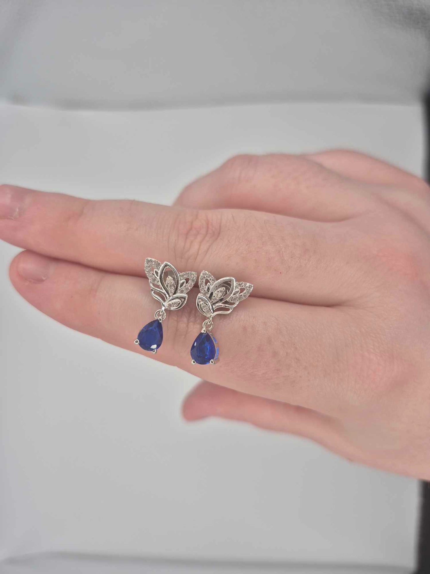 1.69ct Blue Spinel & White Zircon Dangling Earring in Rhodium Overlay 925 Sterling Silver