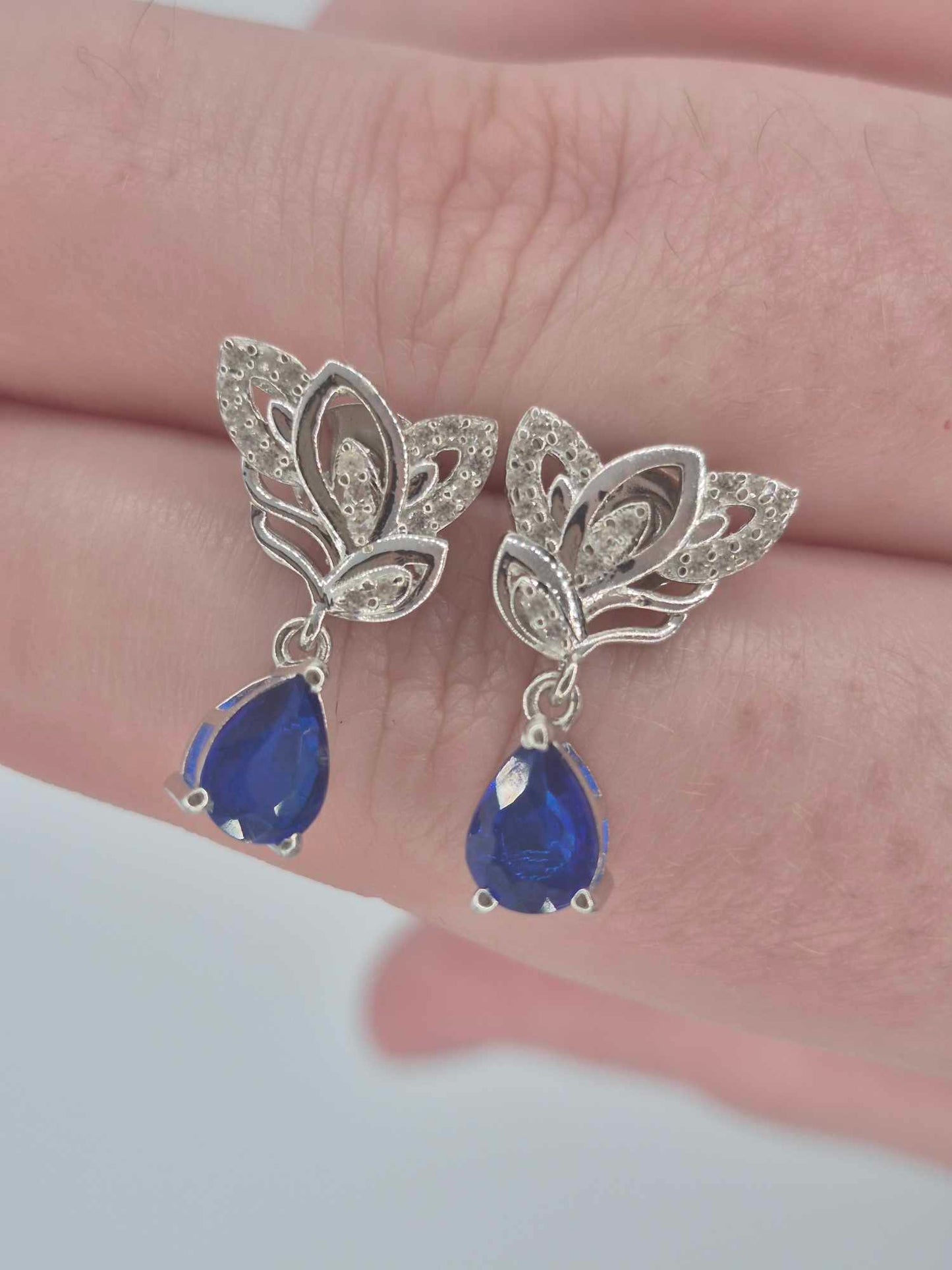 1.69ct Blue Spinel & White Zircon Dangling Earring in Rhodium Overlay 925 Sterling Silver