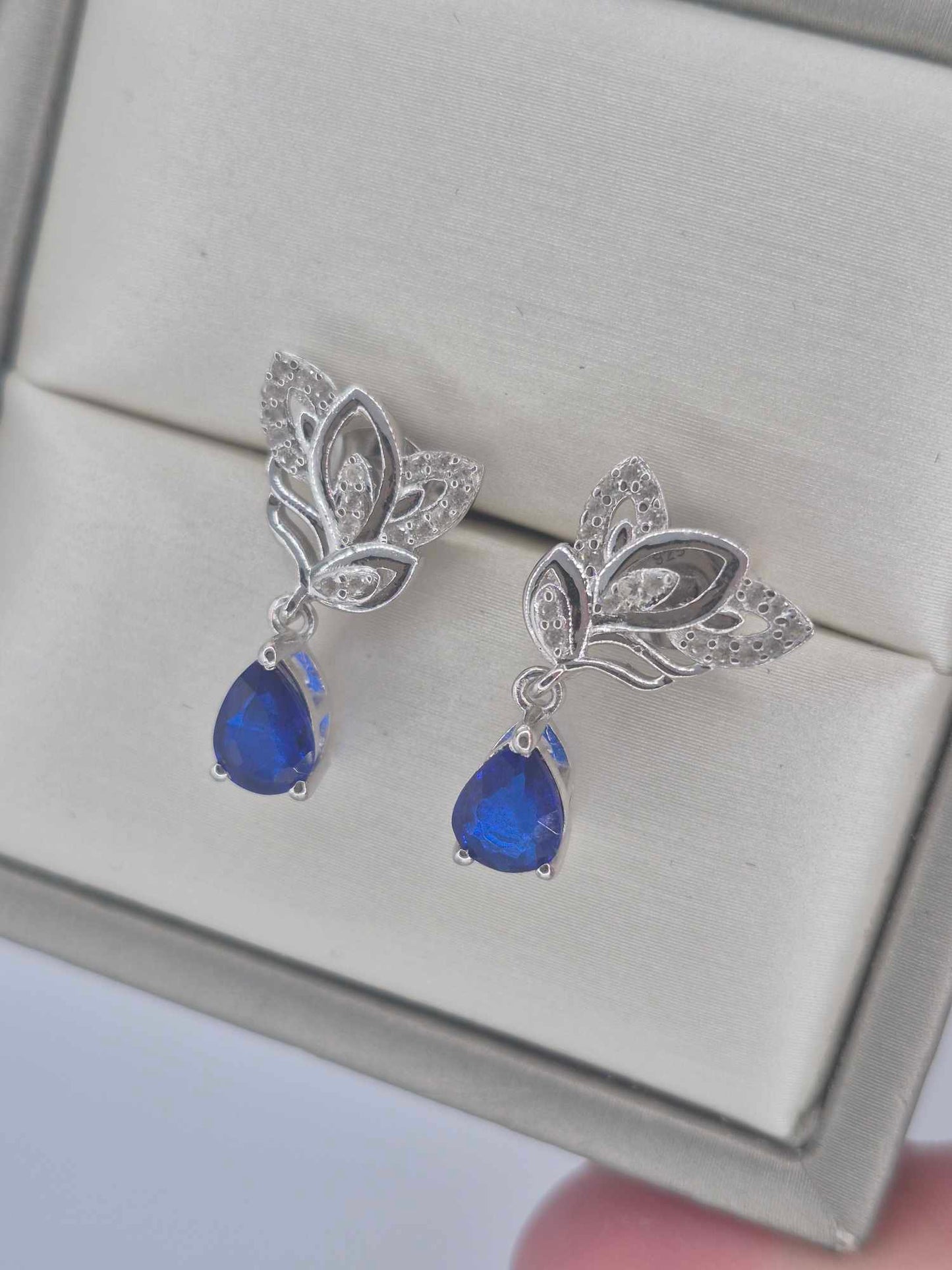 1.69ct Blue Spinel & White Zircon Dangling Earring in Rhodium Overlay 925 Sterling Silver