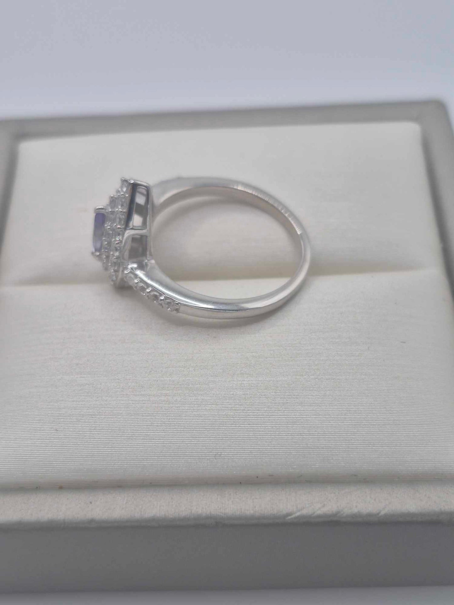 1.244ct Peacock Tanzanite & White Zircon Halo Ring in Rhodium Sterling SIZE L