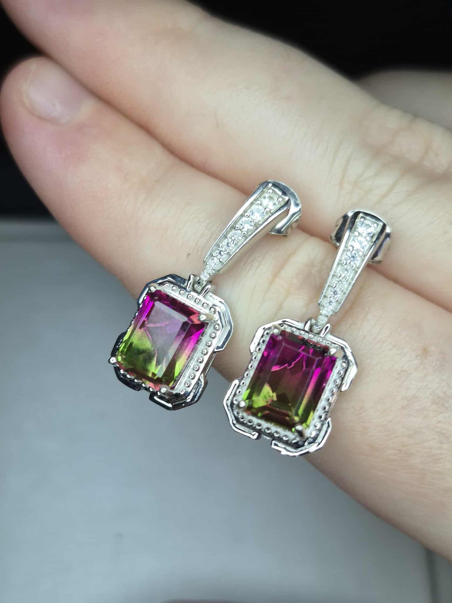 5.28ct Watermelon Quartz Triplet & White Zircon Dangling Earrings 925 Sterling Silver