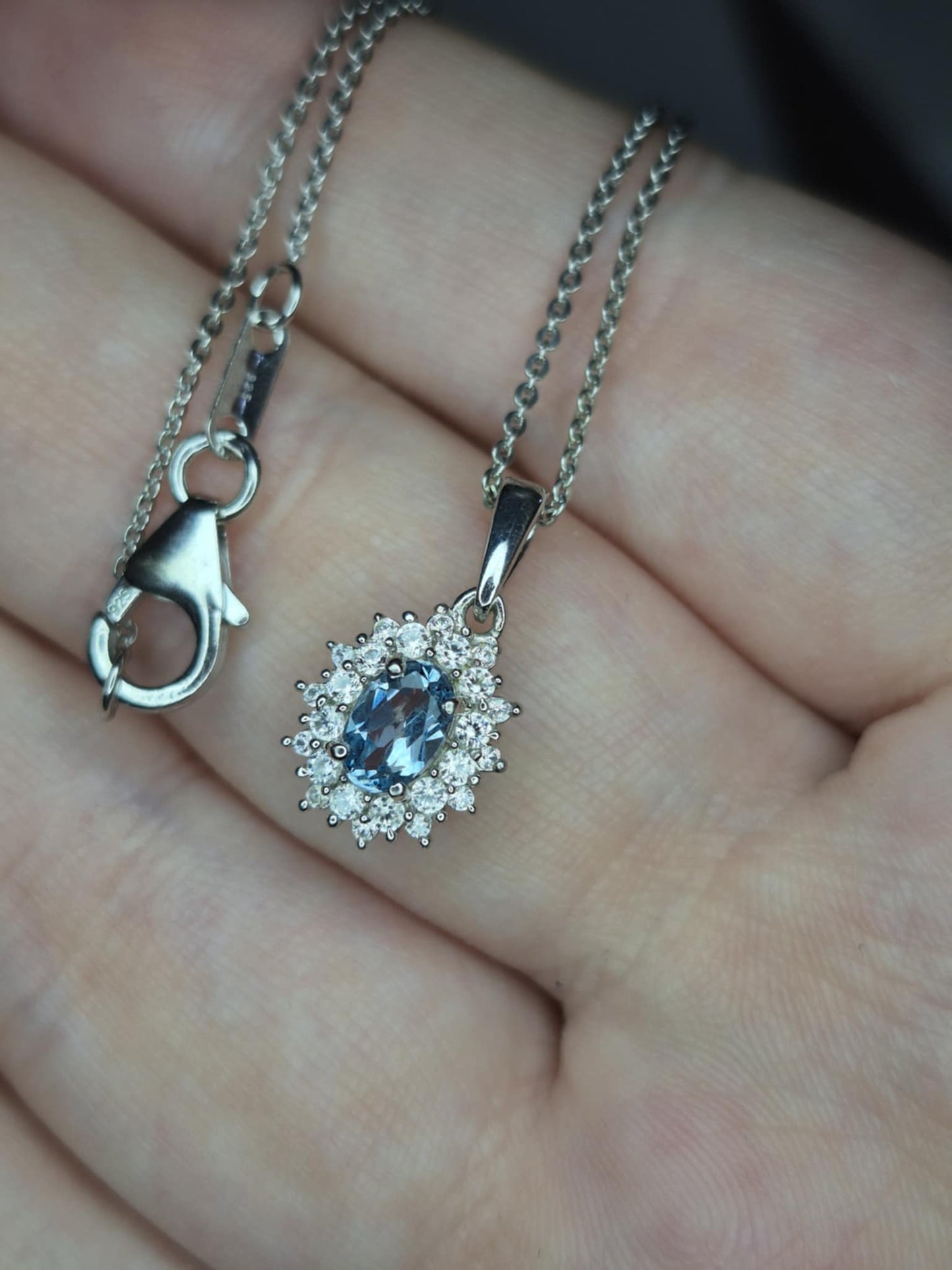 Santamaria Aquamarine & White Zircon Necklace in Rhodium Overlay 925 Sterling Silver