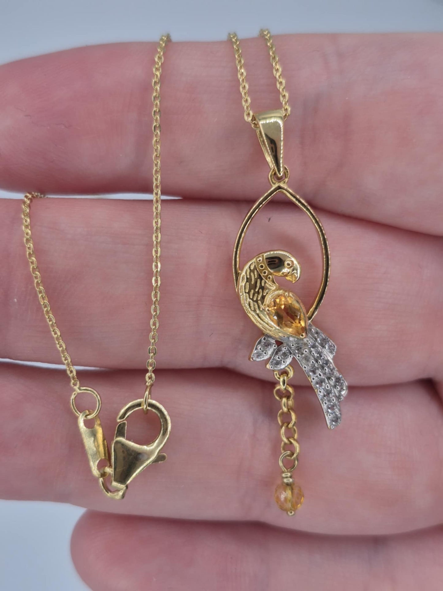 0.756ct. Citrine , White Zircon, Blue Sapphire Bird Necklace in 18K Gold Overlay 925 Sterling Silver