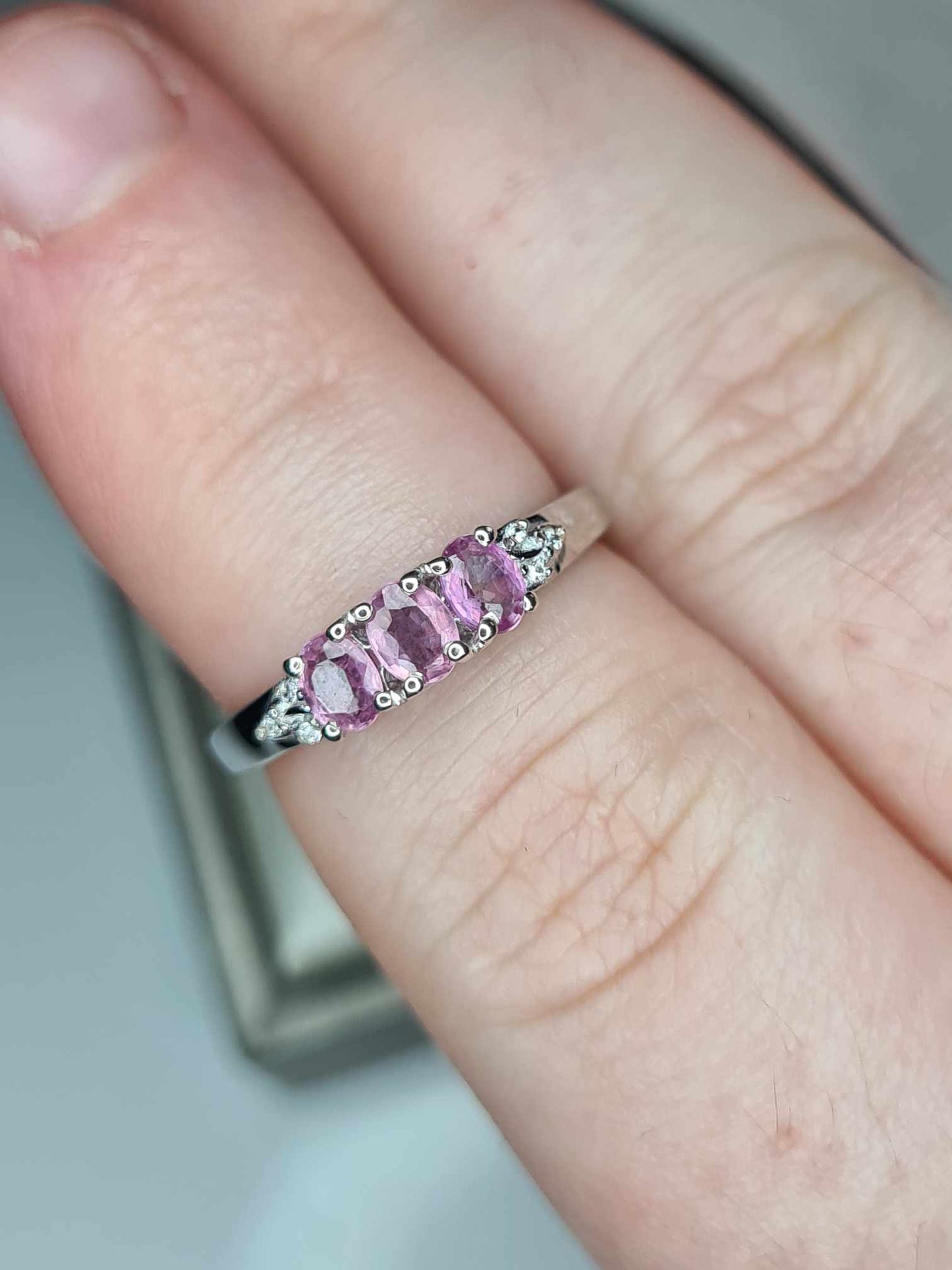 0.720ct Pink Sapphire and White Zircon Trilogy Ring in Rhodium 925 Sterling Silver SIZE K