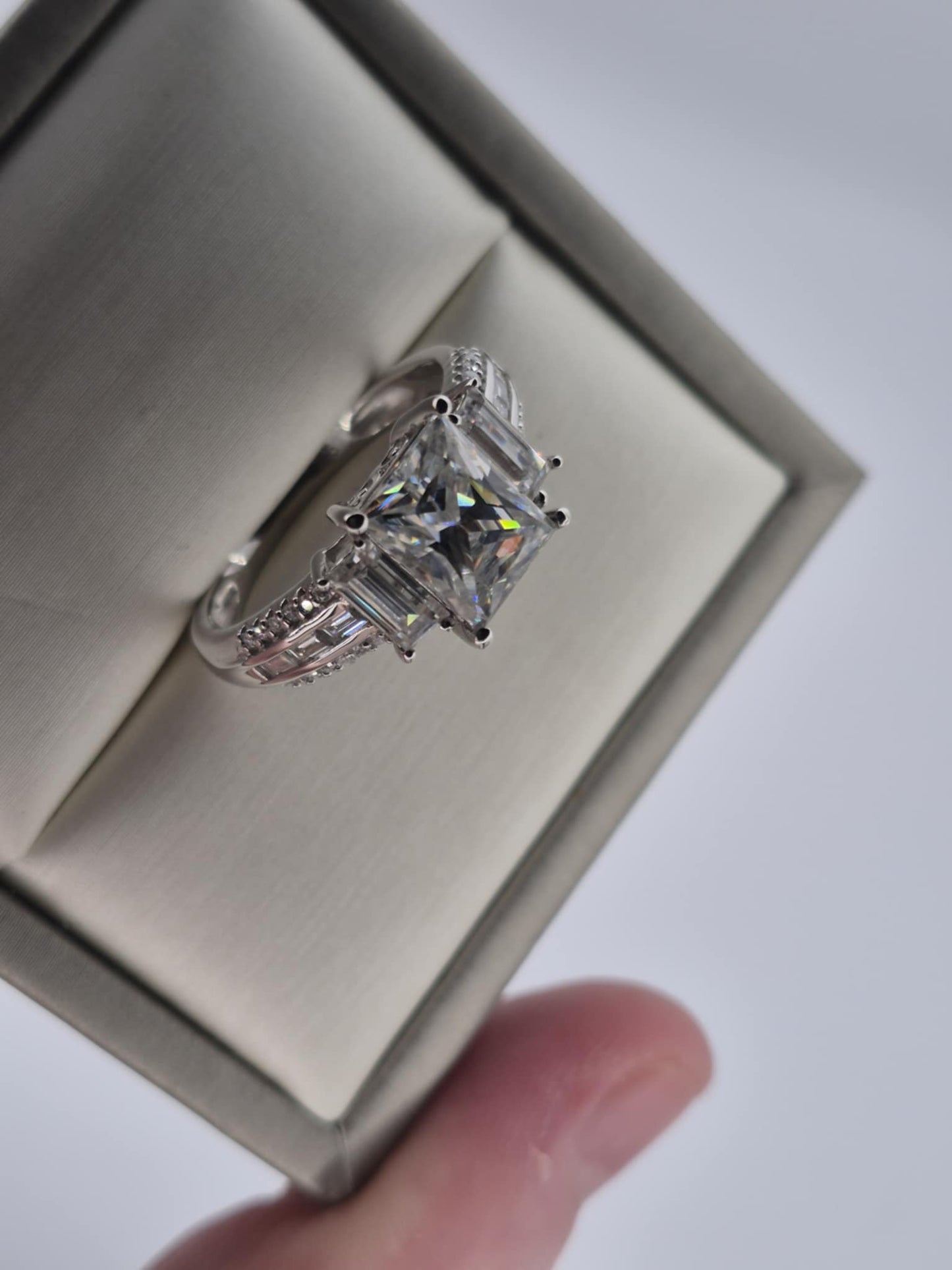 3.70ct Moissanite Trilogy Ring in Rhodium Overlay 925 Sterling Silver SIZE S