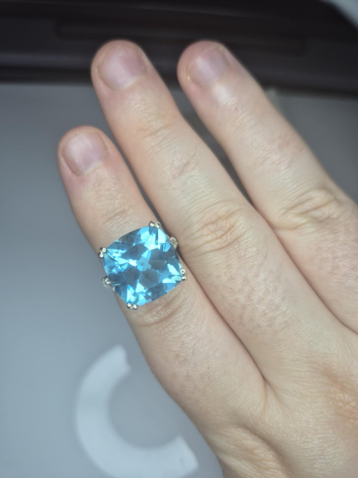 11.37ct Radiant Glacier Quartz & White Zircon Solitaire Ring in Rhodium Overlay 925 Sterling Silver SIZE L