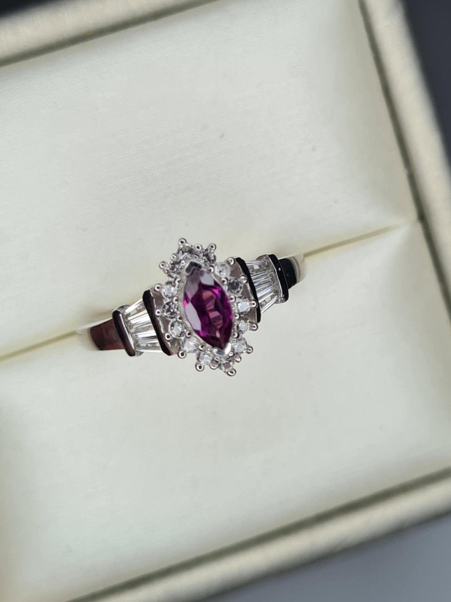 1.90ct Natural Radiant Ember Garnet, White Zircon Halo Ring in Rhodium 925 Overlay Sterling Silver SIZE P