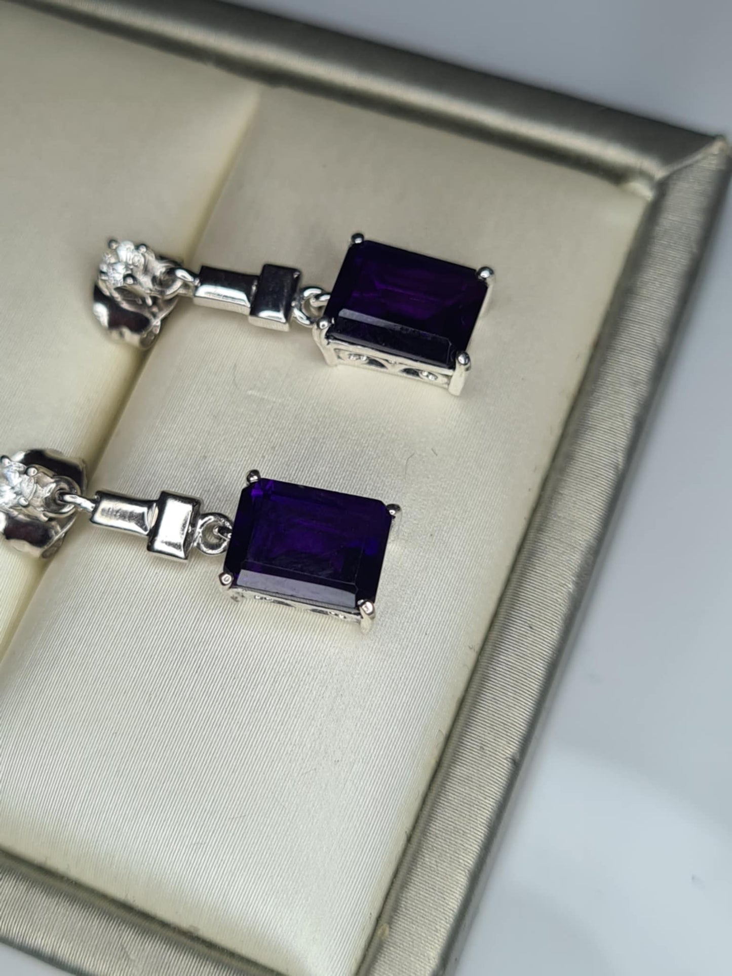 3.24ct AAA African Amethyst & White Zircon Dangling Earrings in Rhodium Overlay 925 Sterling Silver